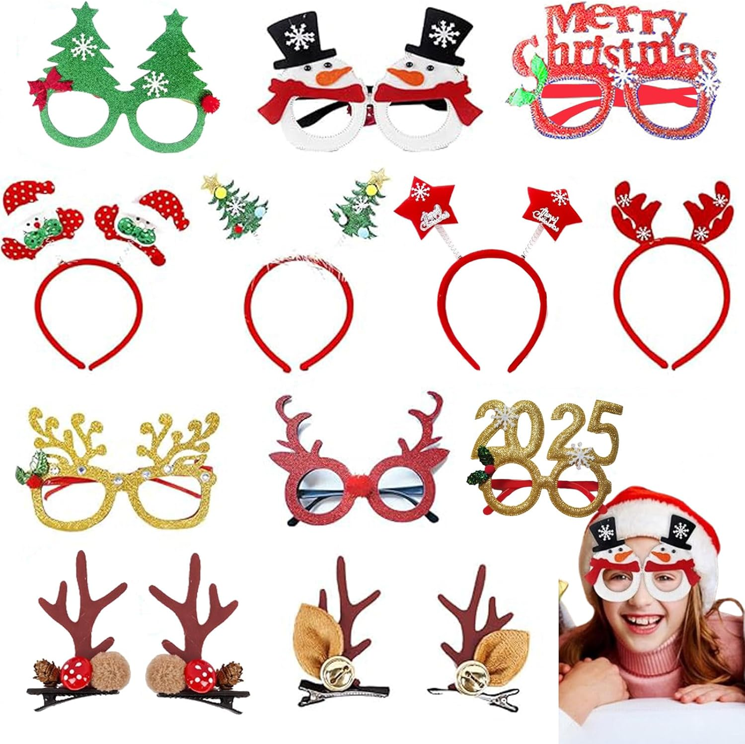 Christmas Glasses Frame and Headbands Set 12Pcs, Cute Christmas Head Hat Toppers, Holiday Party Decorations Christmas Decorations Gift, Christmas Party Supplies for Christmas and Holiday Parties