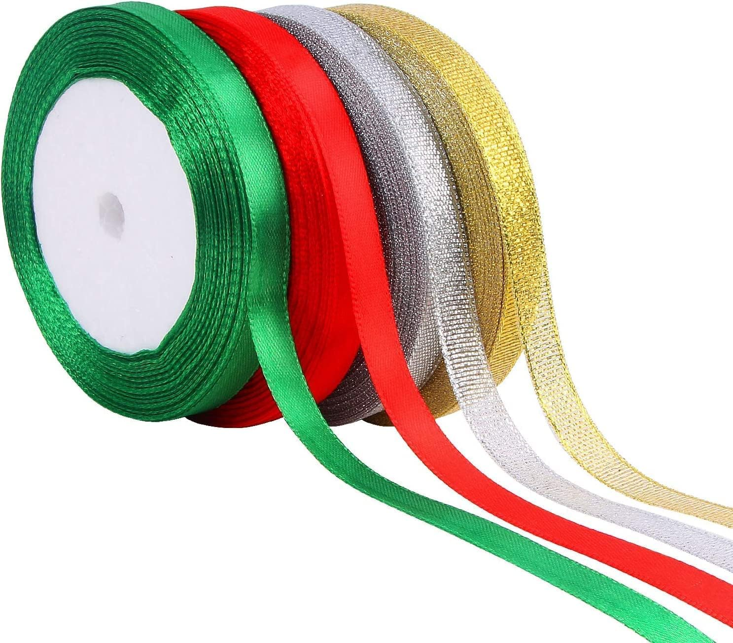 Christmas Ribbons Metallic Glitter Fabric 4 Rolls 100 Yards Holiday Festival Satin Ribbons 10Mm Wide for Gift Wrapping Decoration(Green & Red & Silver & Gold)