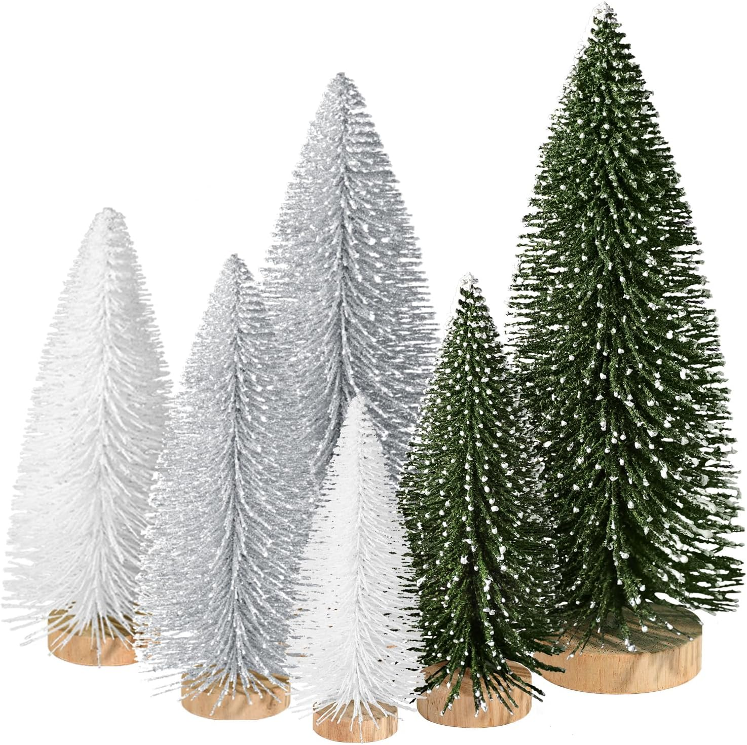 KPX 6Pcs Mini Christmas Trees Christmas Decor, Artificial Christmas Mini Bottle Brush Trees Tabletop, Christmas Decoration Trees with 4 Size Xmas Holiday Decor (6Pcs Green+Silver+White)