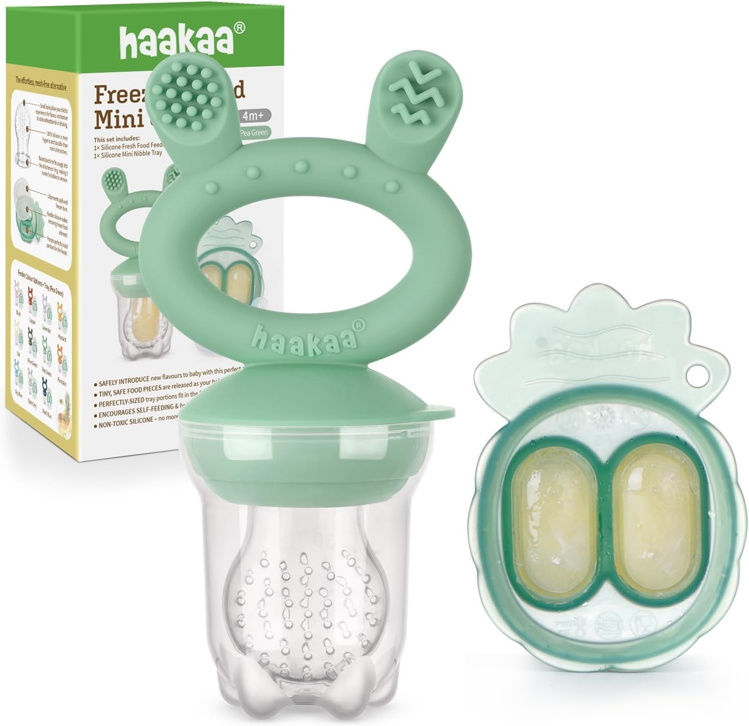 Haakaa Baby Fruit Food Feeder & Mini Freezer Nibble Tray Combo, Breastmilk Popsicle Molds for Baby Cooling Relief, BPA Free Silicone Feeder for Safe Infant Self Feeding, 4 Month+(Pea Green)