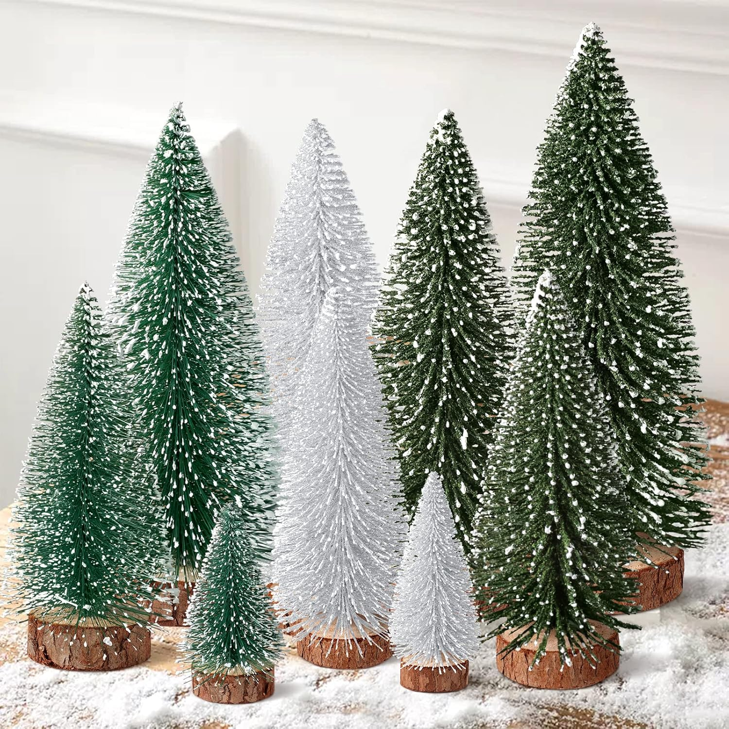 9Pcs Mini Christmas Trees Christmas Decor Artificial Christmas Decorations with 4 Sizes, Christmas Tree Bottle Brush Trees Christmas Table Decorations (Green Silver)