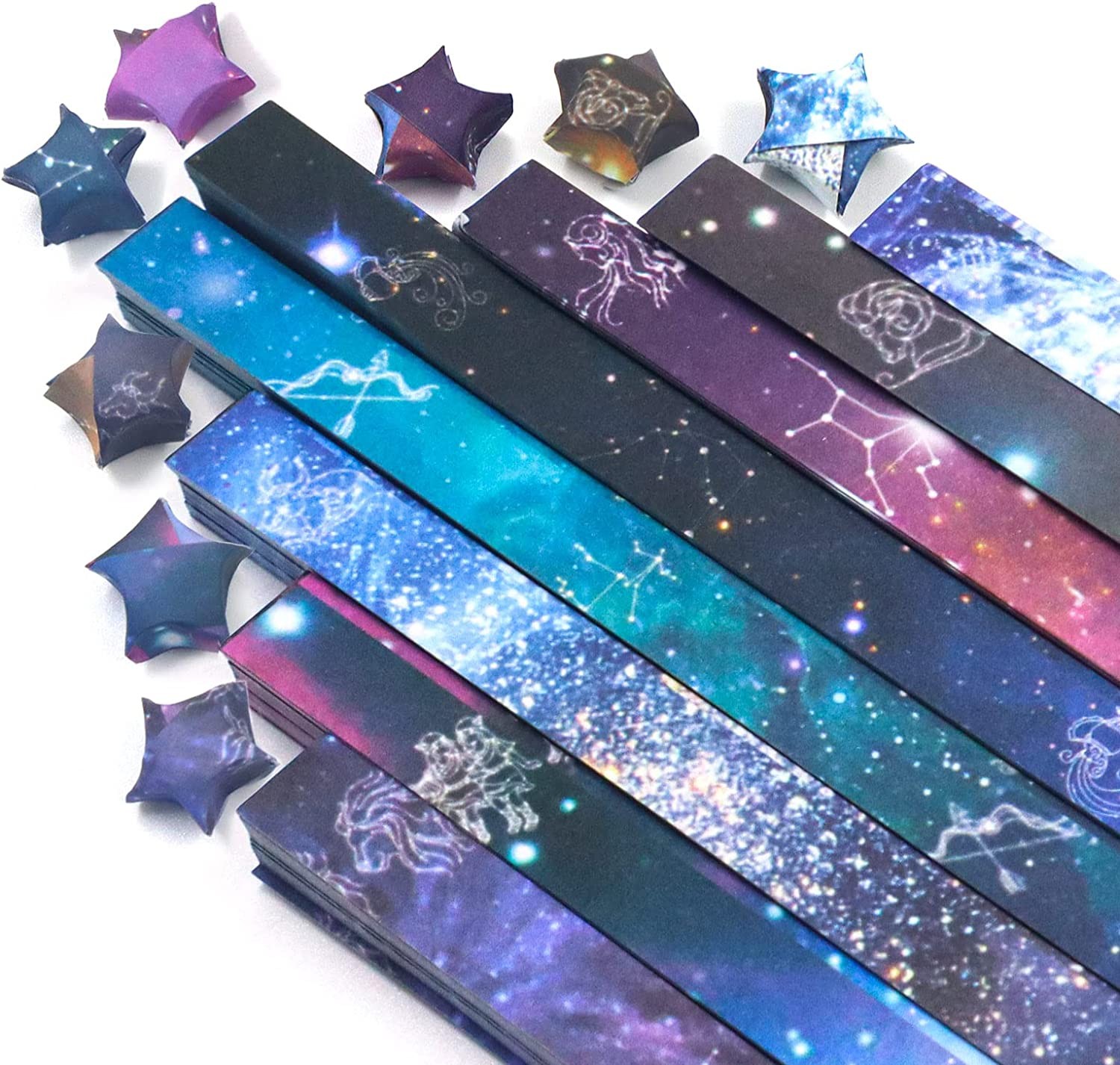 540 Sheets 12 Constellation Lucky Star Origami Paper Strips Galaxy, 8 Different Designs of Beautiful Outer Space Starry Sky for Art DIY Crafts Supplies, Pastel Star Folding Paper (A)