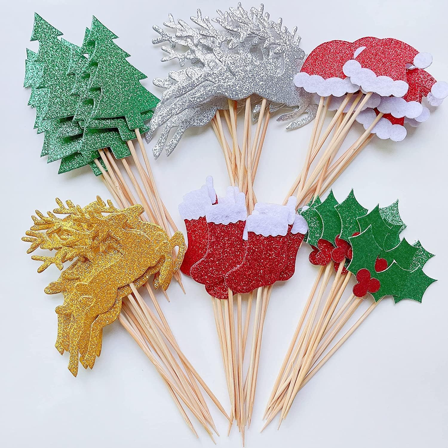 60Pcs Christmas Cupcake Toppers Glitter Cake Decorations Toothpick Flags Santa Claus Tree Fruit Hats Socks Christmas Fawn Theme Party Cake Toppers Picks for Christmas Cake Decoration Supplies