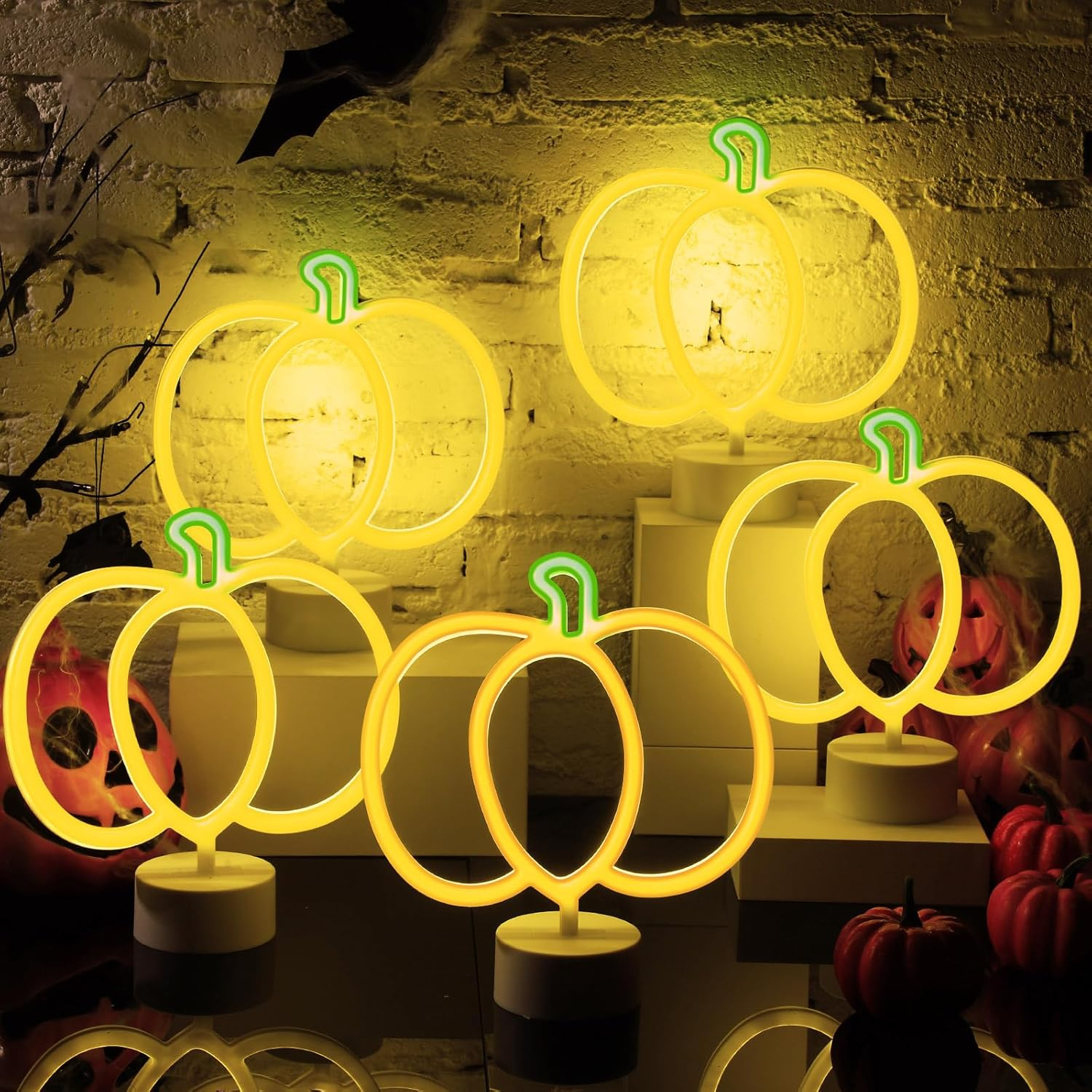 Ganeen 5 Pcs Halloween LED Neon Lights Halloween Neon Sign Night Light USB or Battery Powered Yellow Pumpkin Lamp Room Decoration for Bedroom Dorm Table Party Decor