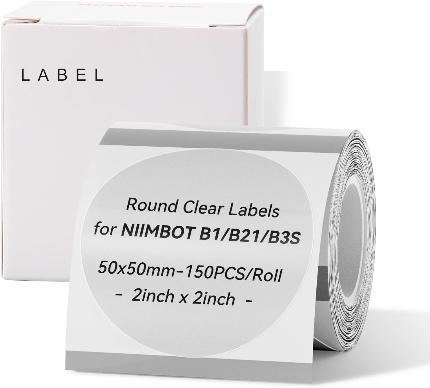 NIIMBOT Labels for B1/B21/B3S Label Printer, Thermal Labels 2” X 2”(50X50Mm), Waterproof, Oil-Proof Sticker Labels, 1 Roll of 150 Sticker Labels (Round Clear)