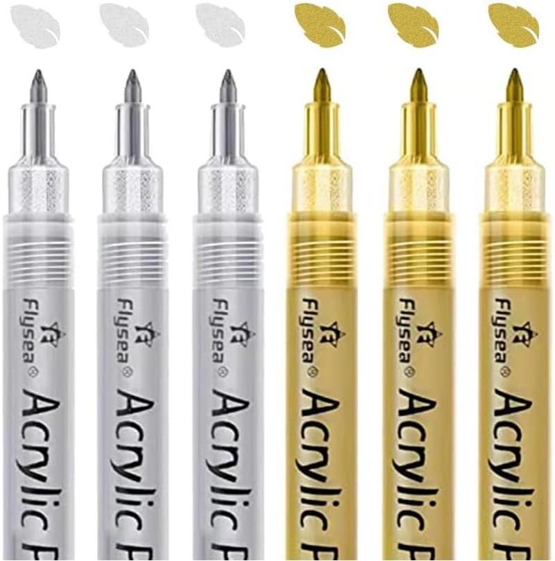 Acrylic Paint Pens, Permanent Paint Marker, 0.7Mm Extra Fine Point Fabric Paint Markers for Rocks Painting Supplies, Metal, Stone, Canvas, Ceramic (Gold+Silver)