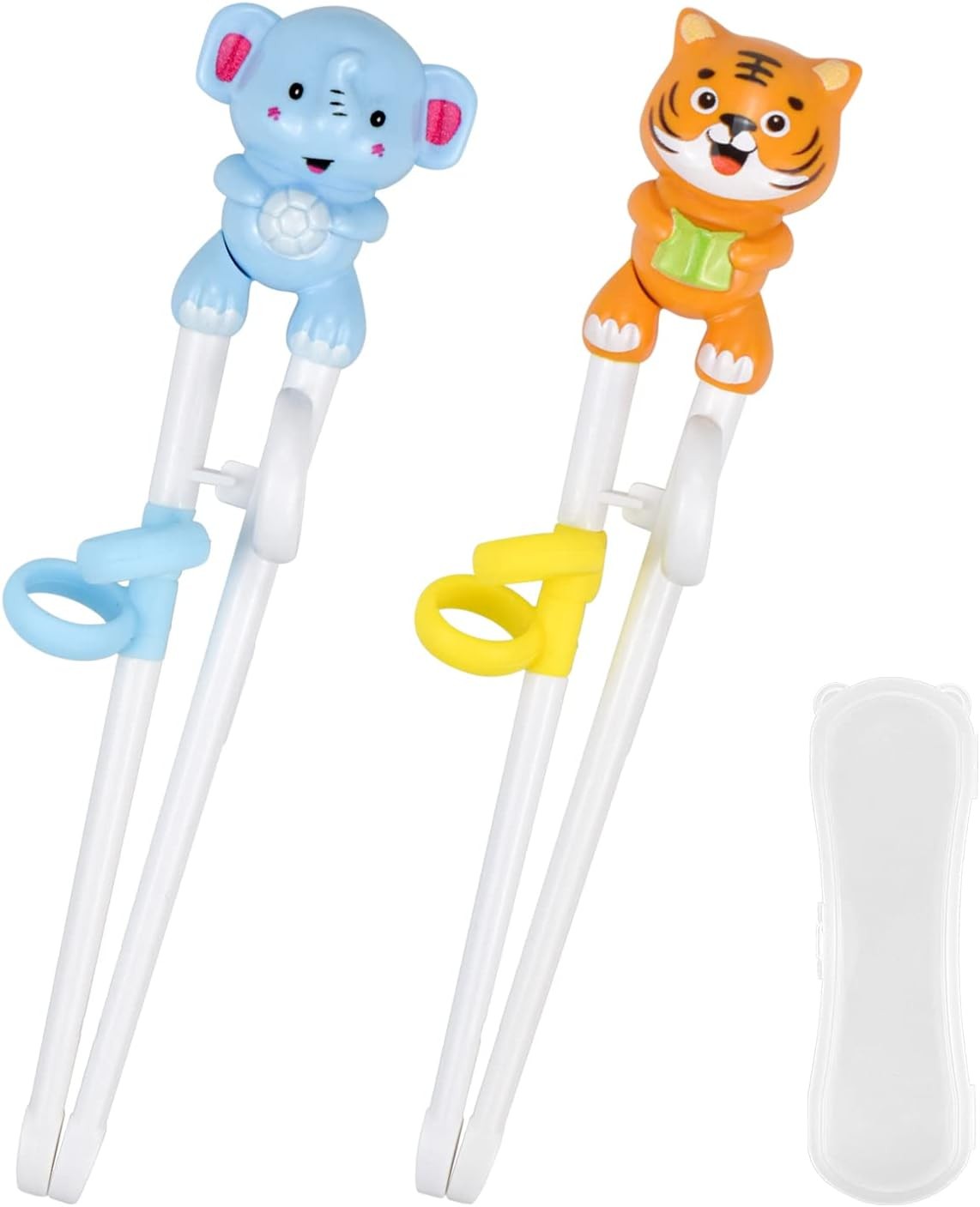 Quimoy 2 Pairs Kids Chopsticks, Training Chopsticks for Kids, Cute Animal Cartoon Design Chopsticks for Learning and Training -Yellow Tiger & Blue Elephant