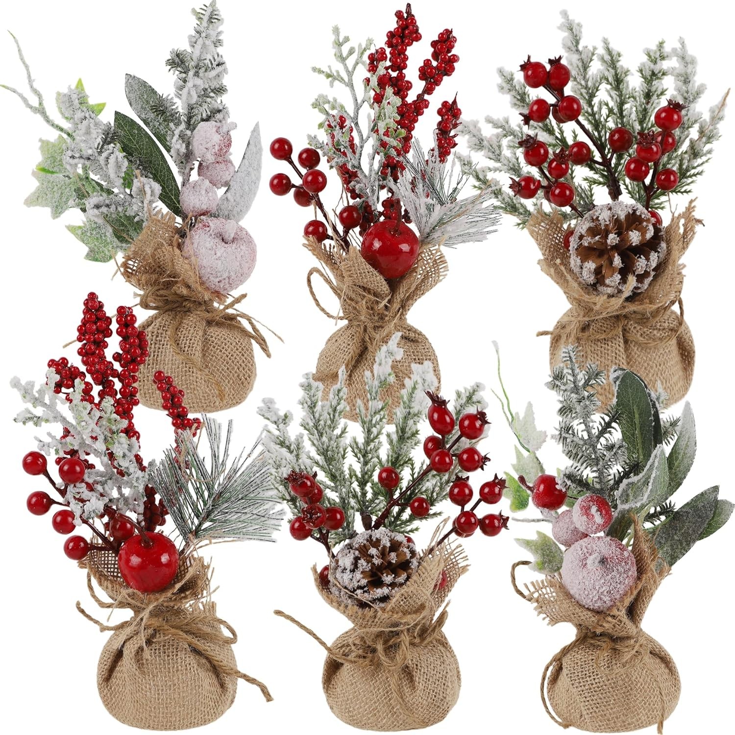 Winemana 6 Pcs Mini Christmas Tree Table Decorations, 9″ Small Artificial Trees with Red Berries Pine Cone Tabletop Centerpiece for Home Office Room Holiday Decorations