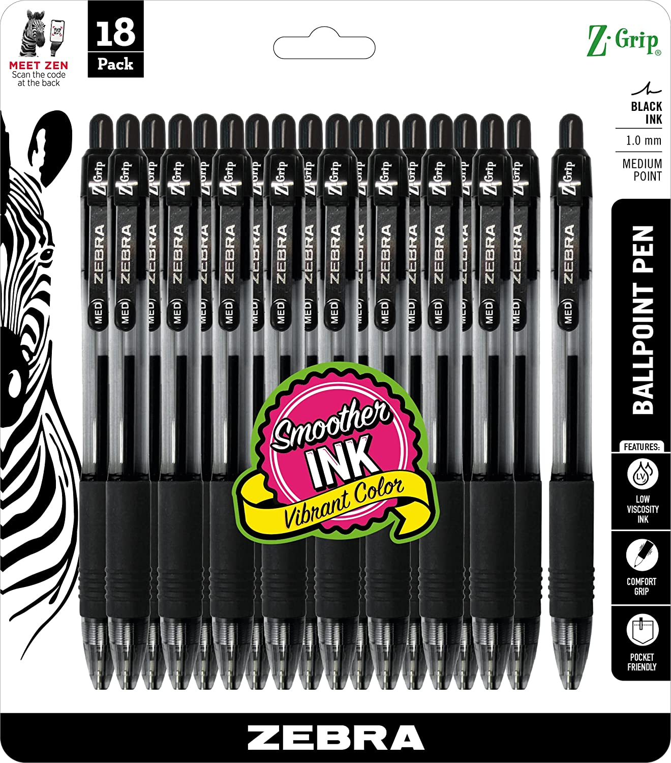 Zebra Pen Z-Grip Retractable Ballpoint Pen, Medium Point, 1.0Mm, Black Ink, 18 Pack