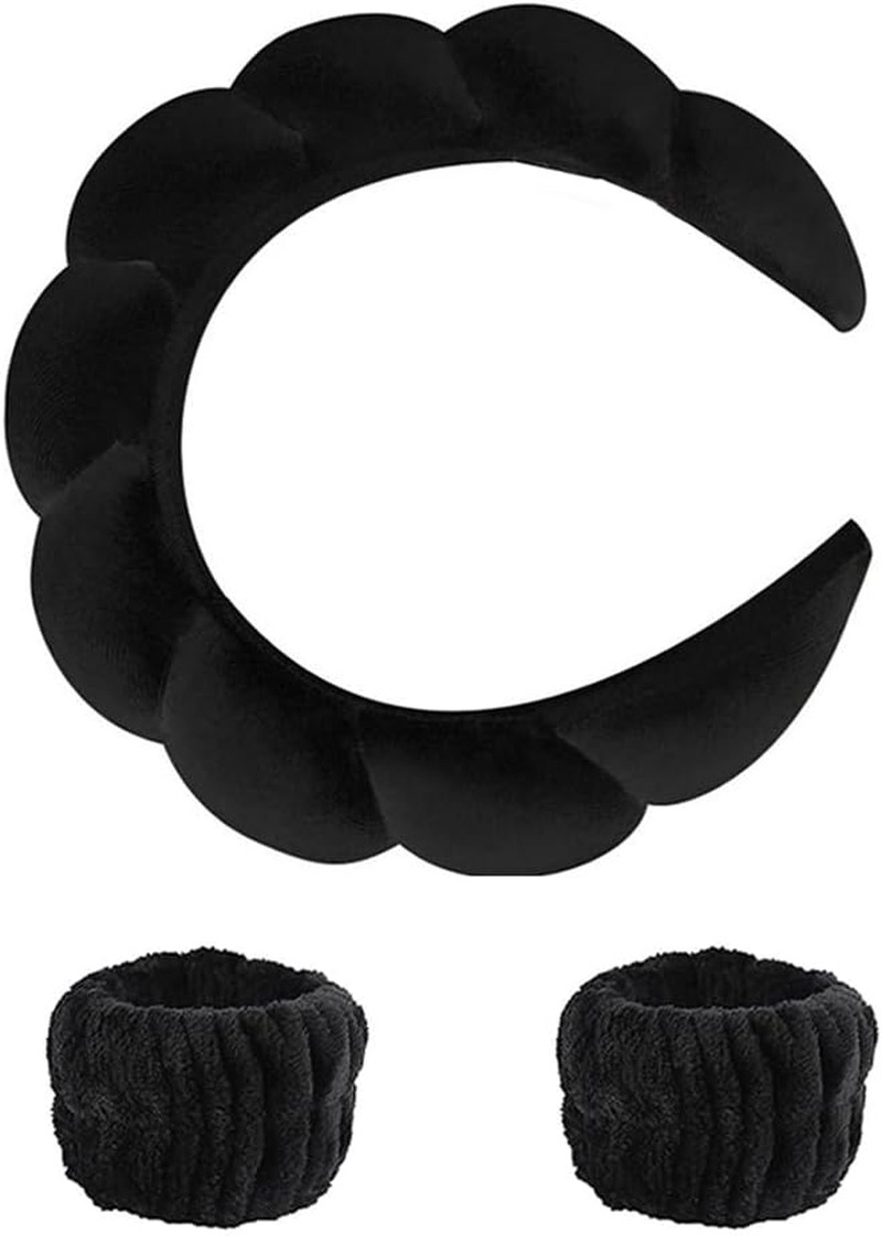 FRAINBOWZ Women’S Spa Makeup Headband Set, Sponge Skincare Headband and Absorbent Wristband for Makeup Remover Skincare Fashion (Black-A)