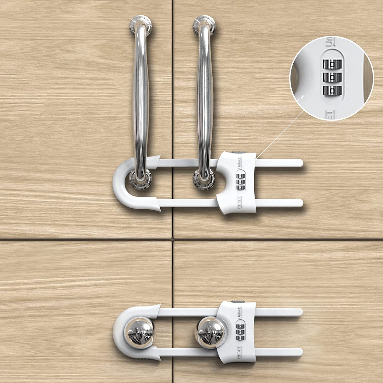 Child Proof Sliding Cabinet Door Code Locks Baby Safety Cupboard Locks Adjustable U Shaped Cabinet Latches for Knob Handle Drawers Closet (4 PCS, White)