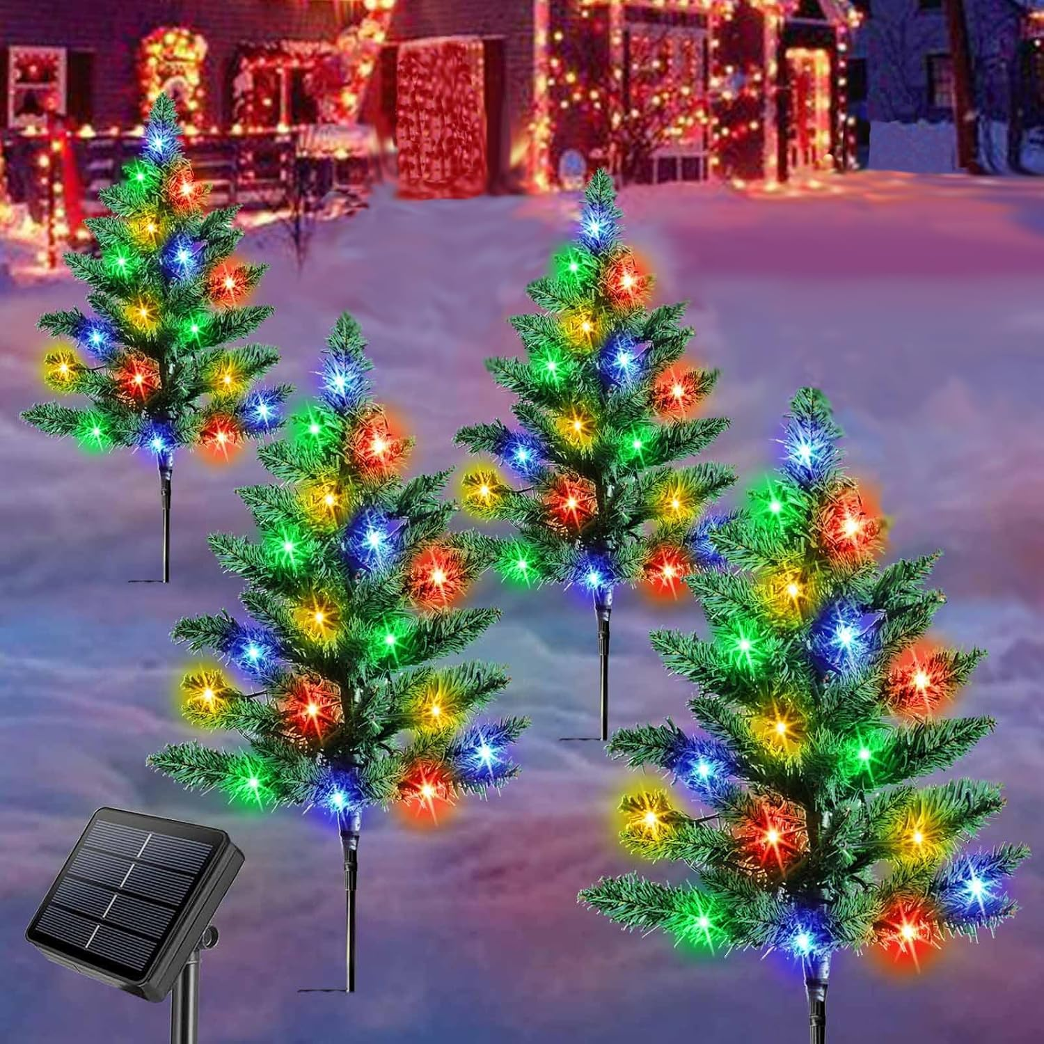 4 Pack Solar Christmas Tree Garden Lights, Christmas outside Decorations Multicolor Solar Christmas Tree Pathway Lights Mini Xmas Tree Stake Lights Decoration Waterproof for Garden Patio Yard Decor