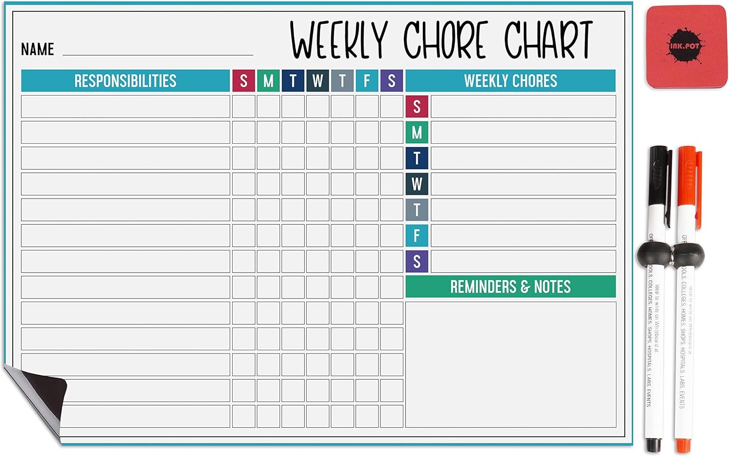 Inkdotpot Magnetic Whiteboard Weekly Chores Charts Chore Chart for Refrigerator – Dry Erase Behavior Chart for Kids Responsibility Chart with 2 Fine Tip Marker & Eraser