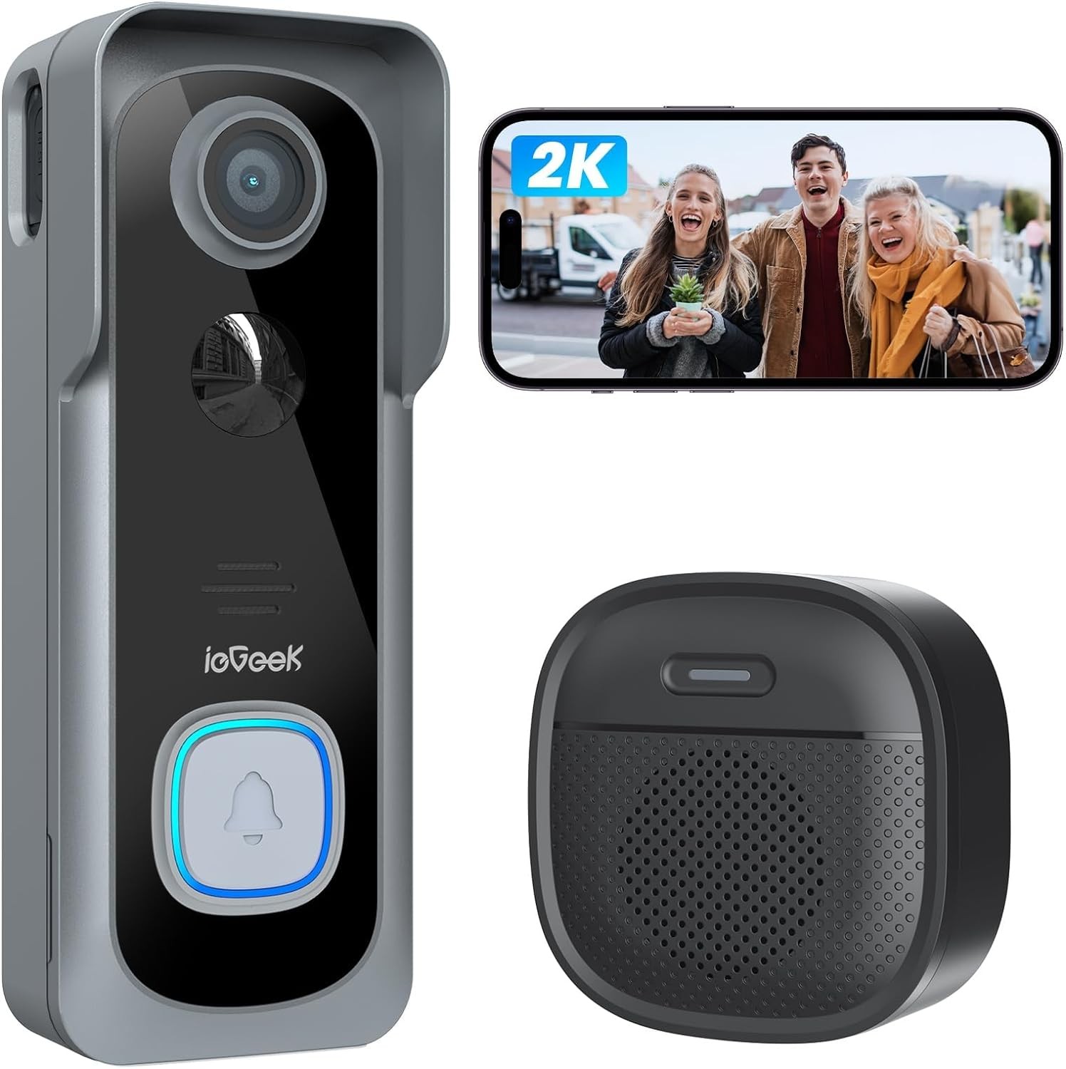 Iegeek 2K Video Doorbell Camera Wireless Door Bell with Chime Ringer, Smart Front Door Camera Wifi with AI & PIR Motion Detection, 2 Way Audio, Voice Changer, Night Vision, Works with Alexa, IP66