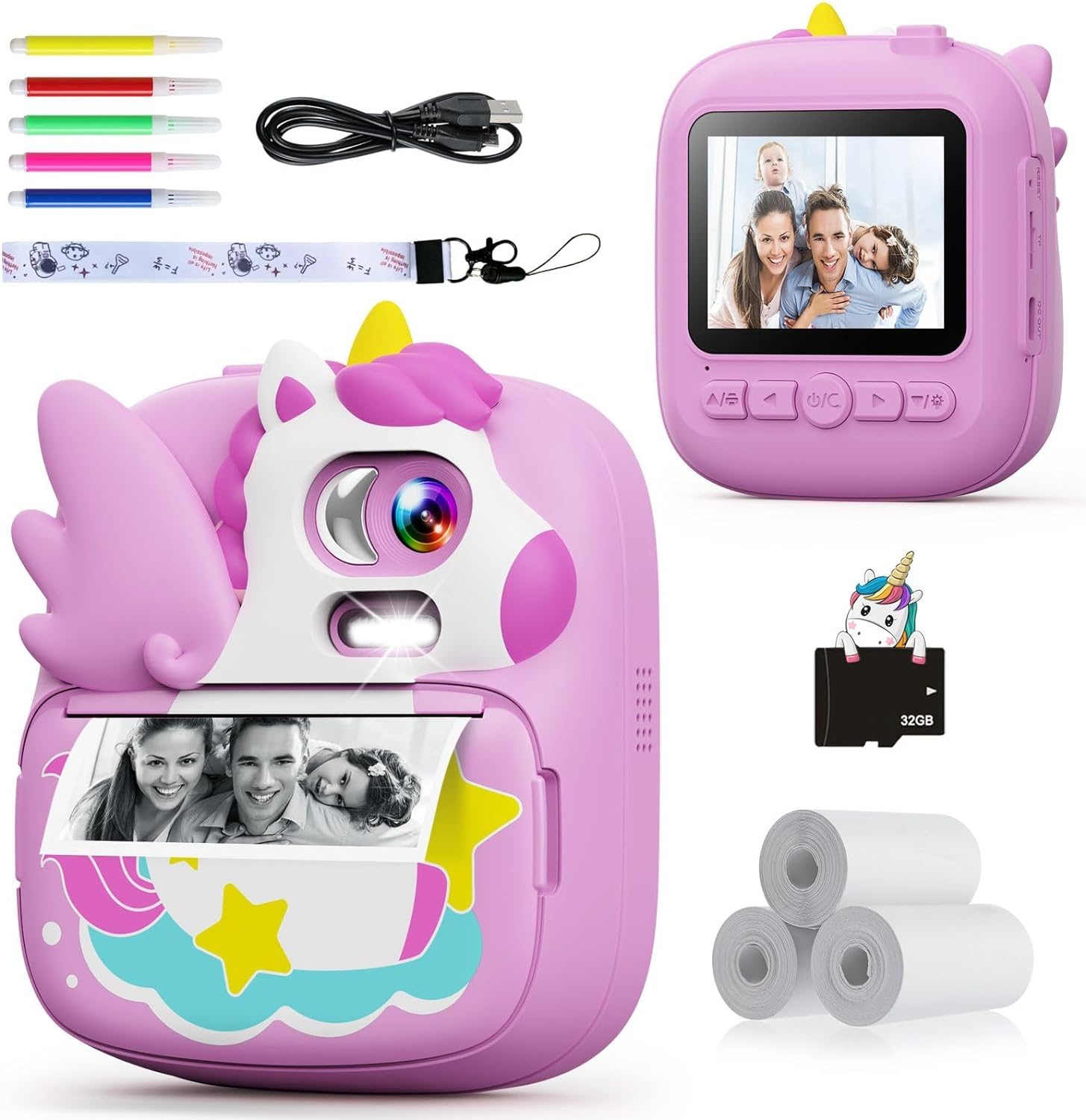 Kids Camera Instant Print, 12MP & 1080P Instant Camera for Kids with 32G Card & Print Paper, Selfie Digital Video Camera for Toddler,Christmas Birthday Gifts for Girls Boy Age 3-12 (Purple)