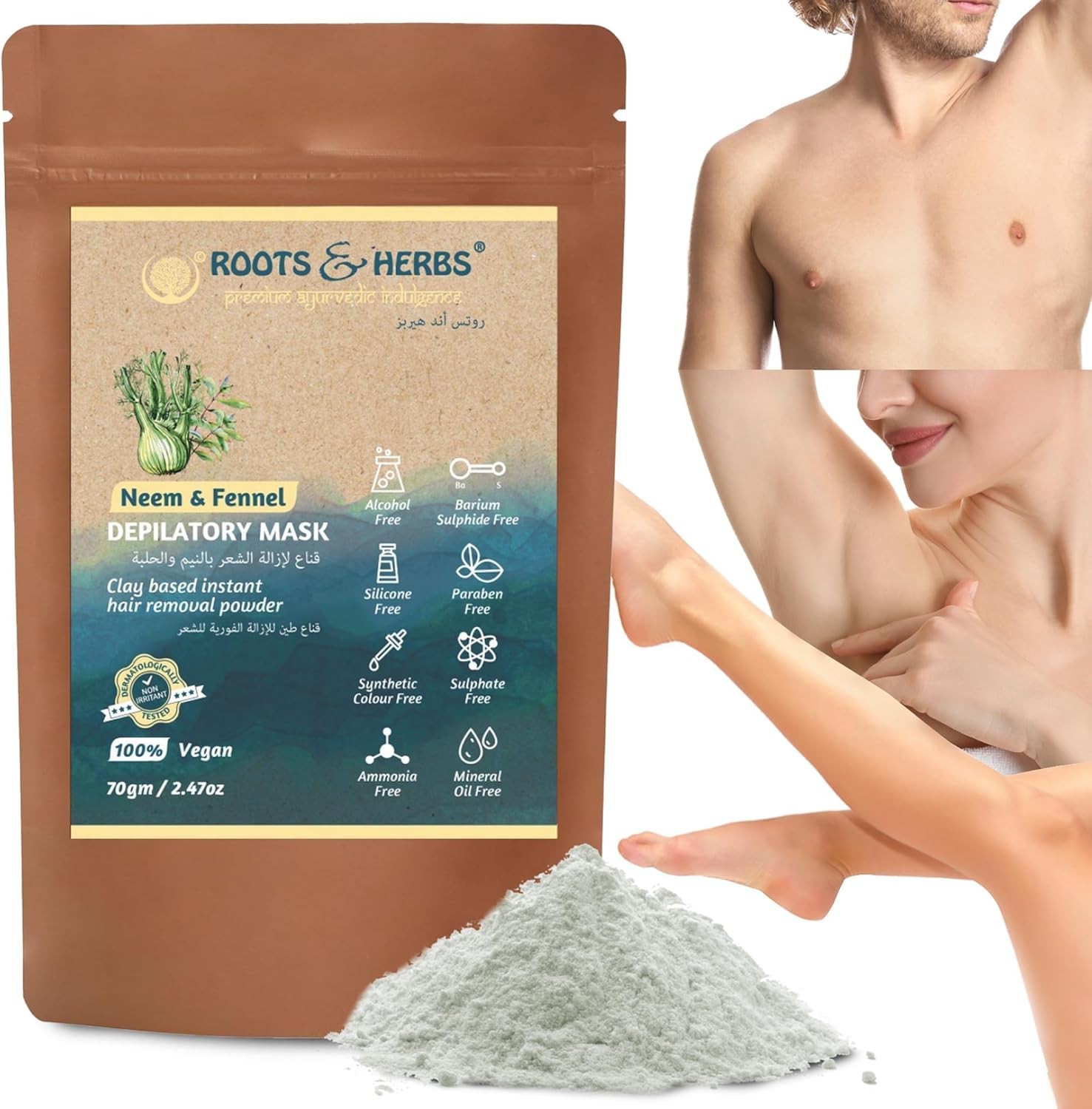 ROOTS and HERBS Neem & Fennel Hair Removal Powder Ayurvedic, Depilatory Mask for Face, Body Hair Remover, Bikini, Legs, Underarms, and Chest for Men & Women All Skin Types – (2.47Oz)