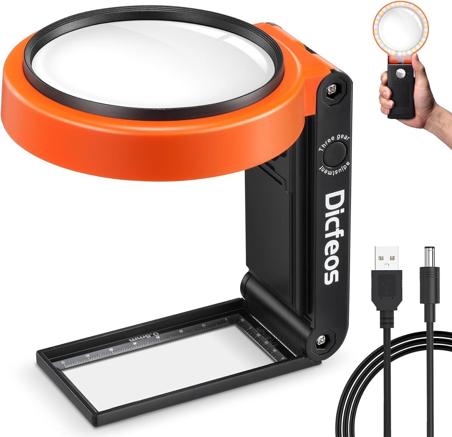 Dicfeos 30X 40X Magnifying Glass with Light and Stand, Folding Design 18 LED Illuminated Magnifying Glass for Close Work, Handheld Large Magnifying Glasses for Reading, Powered by Battery or USB