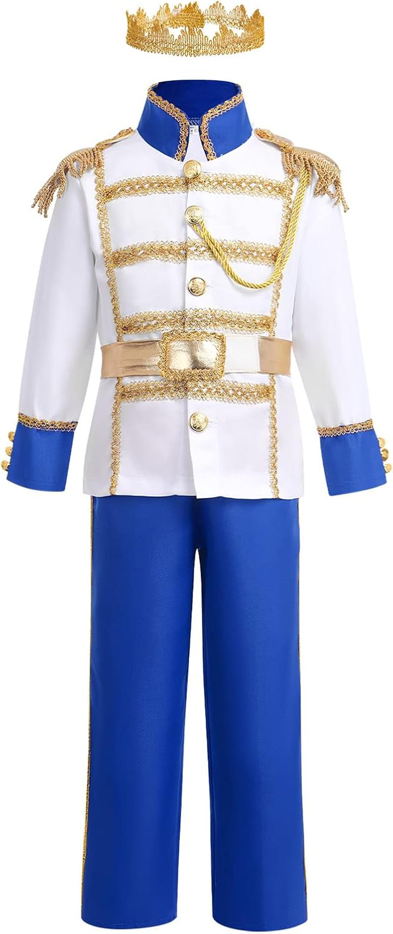 Prince Charming Costume for Boys Kids Royal Prince Outfits Long Sleeve Jacket Pants Crown Belt Set Carnival Dress up World Book Day Costume Halloween Birthday Party Role Play Clothes