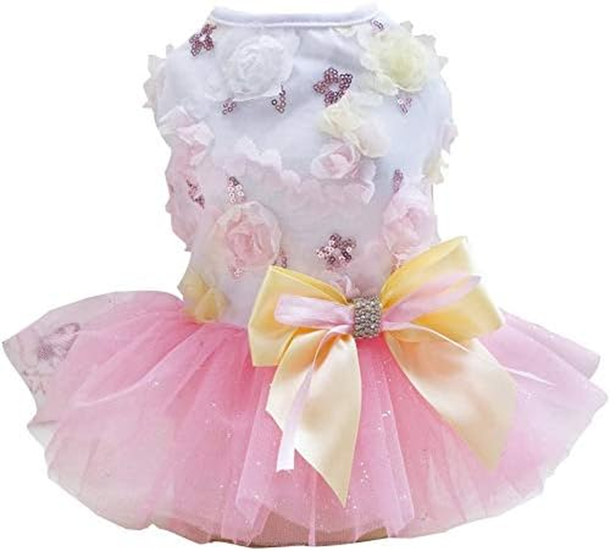 Rdc Pet Dog Dress Puppy Dog Princess Dresses,Tutu Flower and Sequin Dot Wedding Lace Dress Luxury Bow Dress for Small Dog Girl (M, Pink)