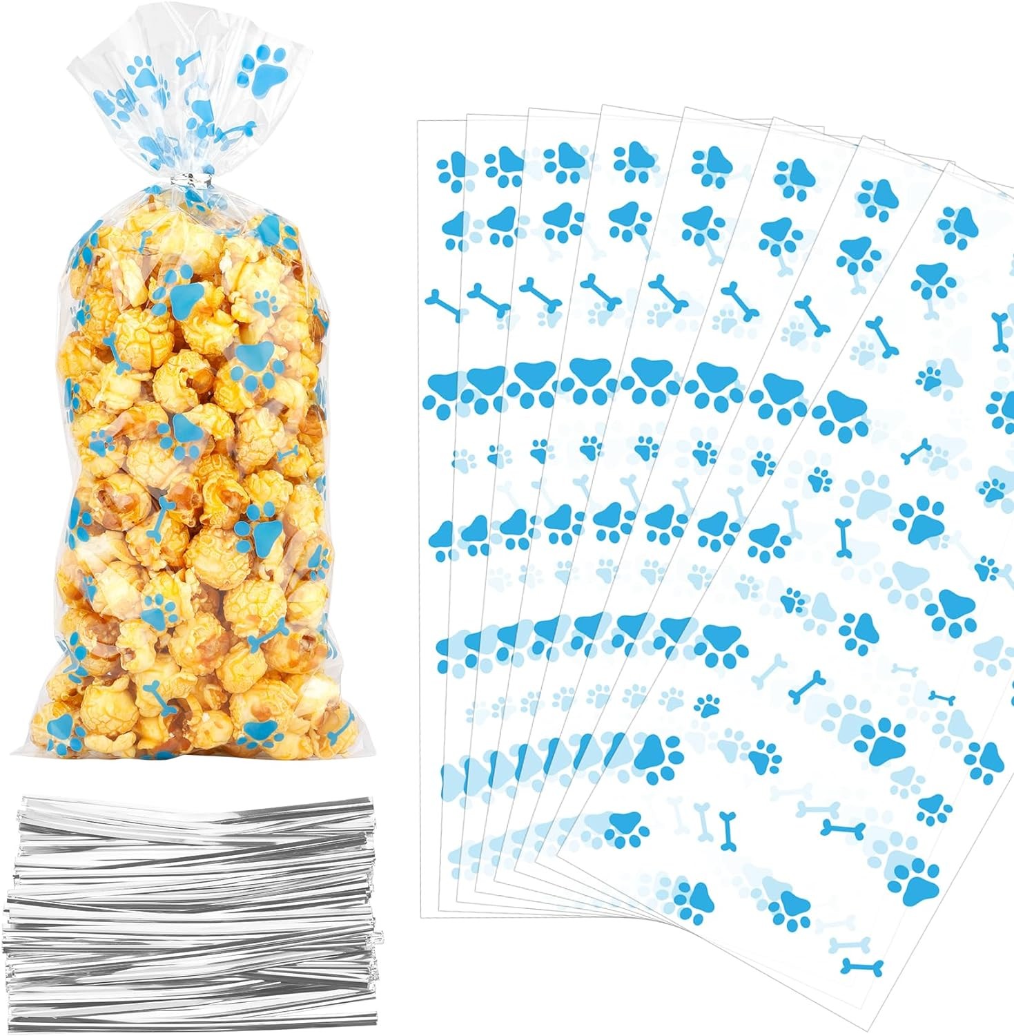 100 Pieces Paw Print Dog Treat Bags, Dog Print Cellophane Treat Bags, Dog Paw Print Gift Bags, Heat Sealable Candy Bags with 100 Silver Twist Ties for Pet Birthday Party Favor Supplies, Blue