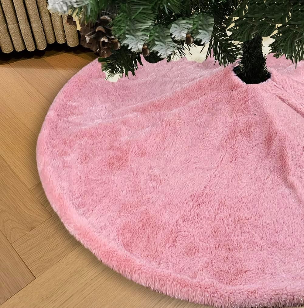 AOGU 48 Inch Faux Fur Christmas Tree Skirt Pink Shiny Plush Skirt for Merry Christmas Party Christmas Tree Decoration