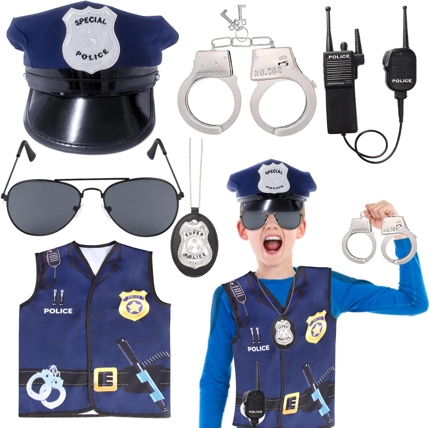 Keymall Kids Police Officer Costume Set 6 Pcs Including Cop Hat Vest Sunglasses Badge Walkie Talkie for Pretend Play Dress Up