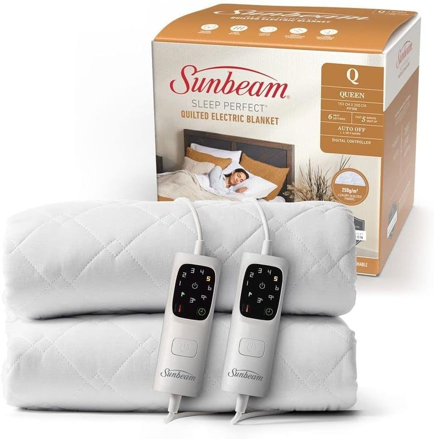 Sunbeam Sleep Perfect Quilted Electric Blanket Queen | Fully Fitted Quilted Cotton Top Layer, Antibacterial, Washable, Auto-Off Timer, Overheat Protection, Dual Controls BLQ6451