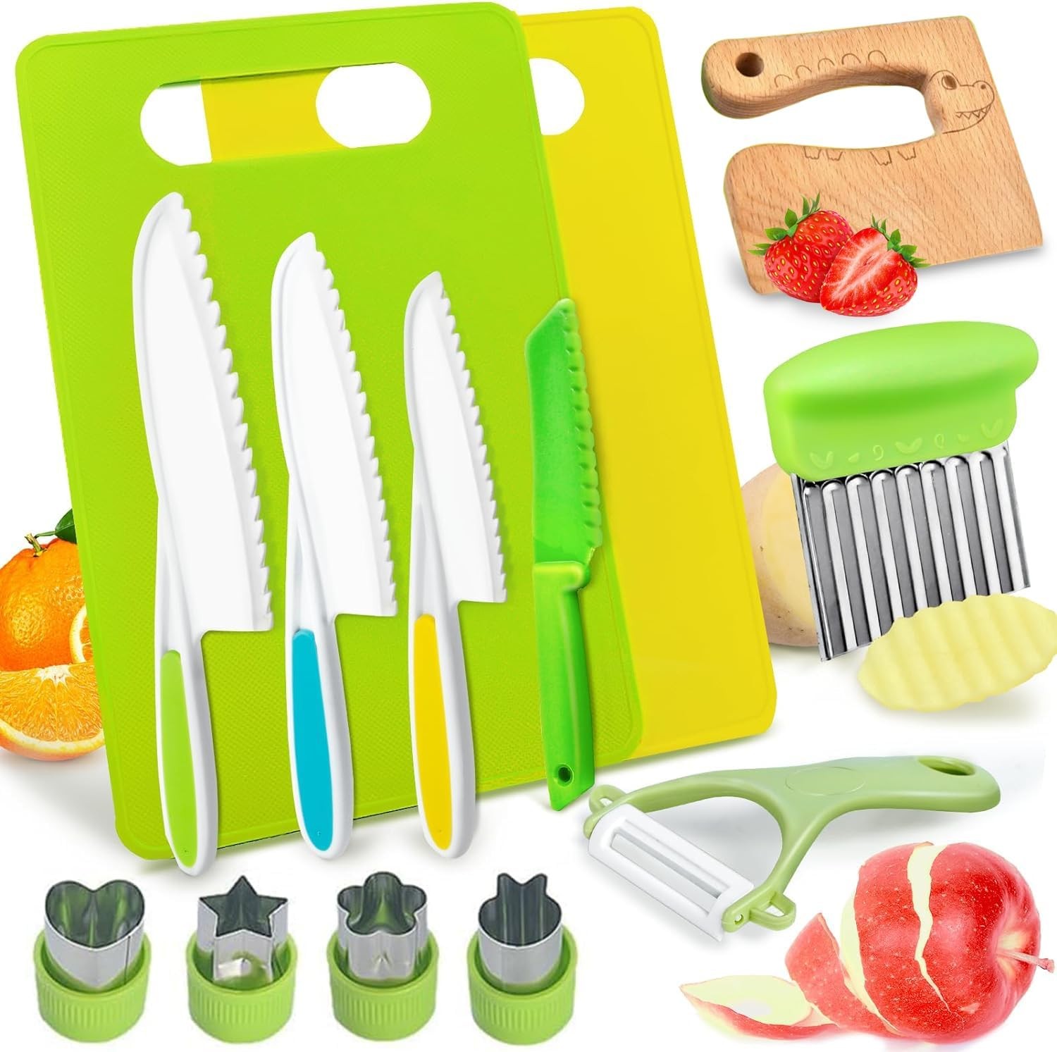 Kids Safe Knife Set, 13 Pieces Montessori Kitchen Tools for Toddlers, Kids Cooking Sets Toddler Knife for Real Cooking with Safe Knives/Fruit Cutters Shapes/Kids Cutting Board/Peeler/Crinkle Cutter