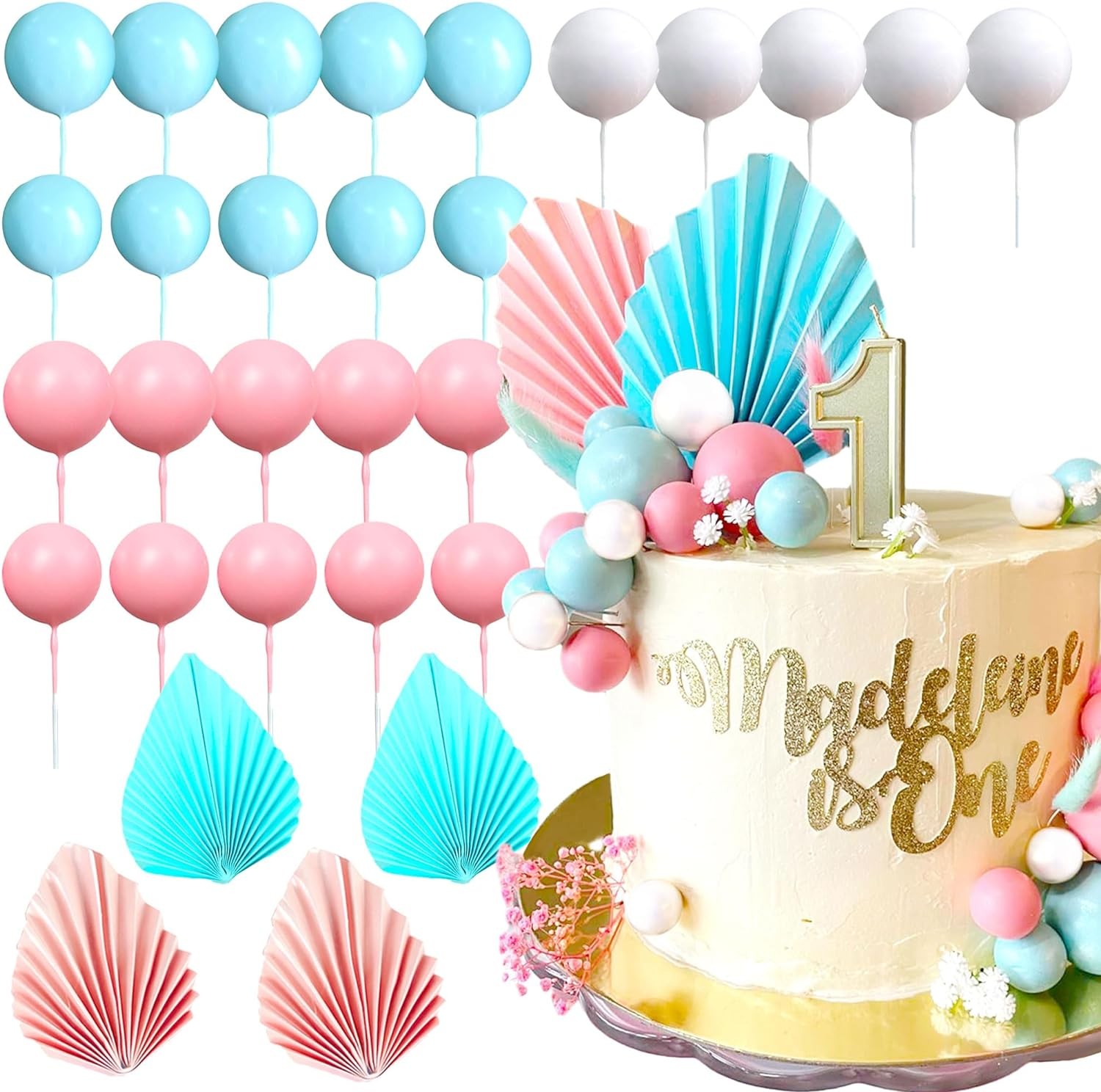 Jevenis Gender Reveal Cake Toppers Boy or Girl Cake Decoration Pink Blue Balls Cake Decoration Baby Shower Cake Decoration