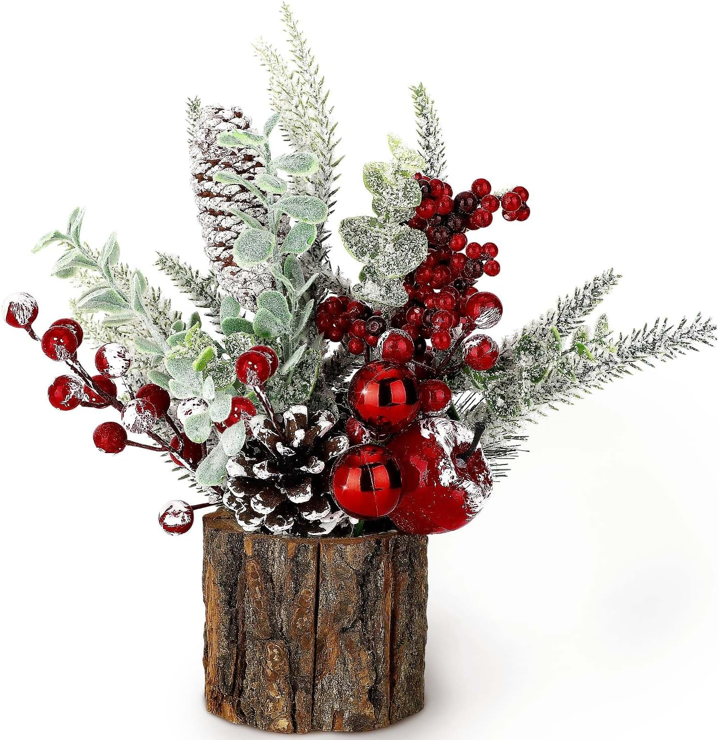 Small Christmas Tree Tabletop Artificial Mini Christmas Tree Decorations with Holiday Ornaments Red Berry Pine Cone Greenery for Home Indoor Fireplace Mantel Xmas Decor (Tree Stump-Red)