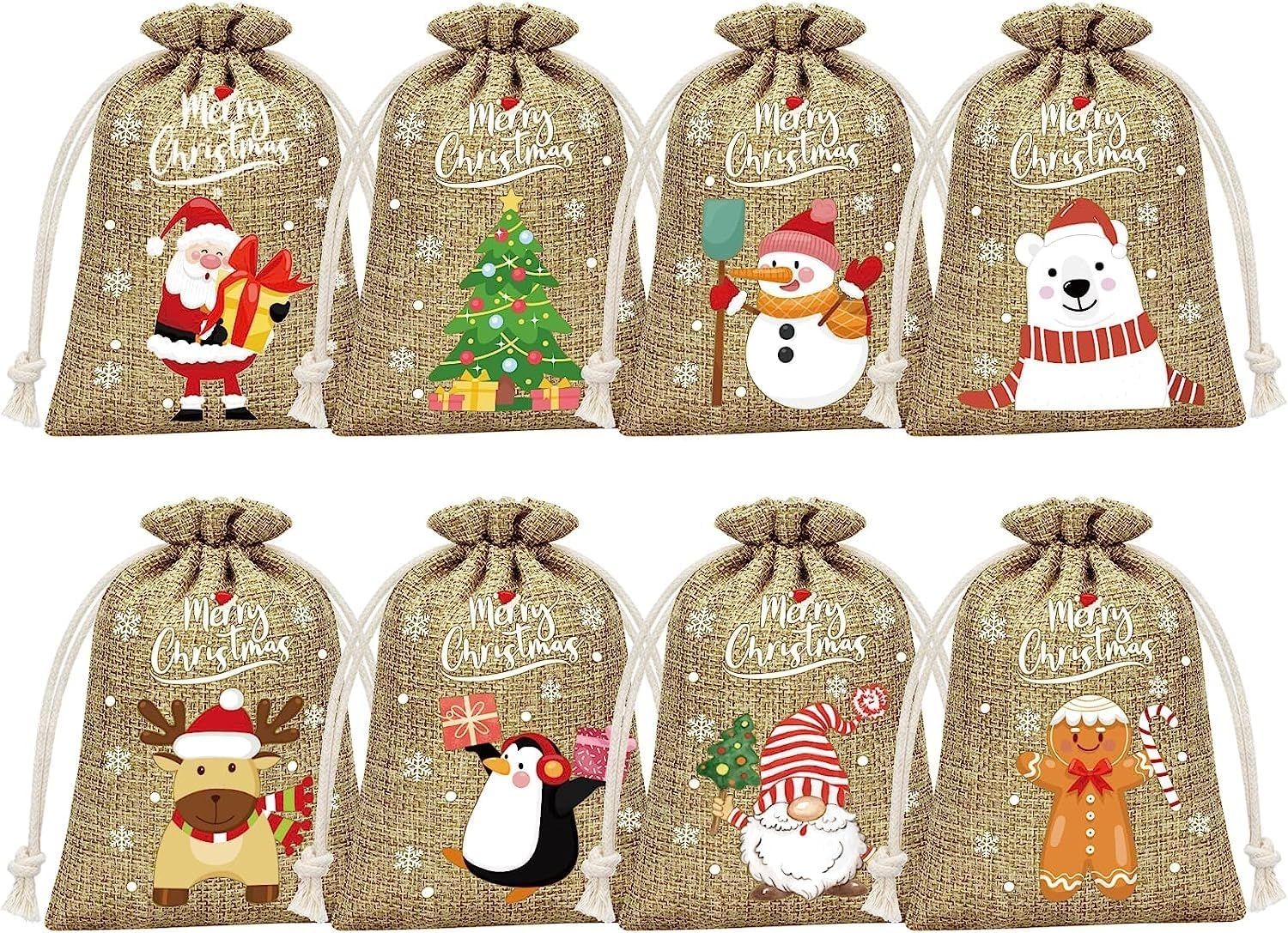 24 Pcs Christmas Linen Bags, with Drawstrings Christmas Burlap Gift Bags, Jute Xmas Candy Bags Linen Treat Sacks Reusable Gift Wrapping Bags Xmas Holiday Party Favors Bags