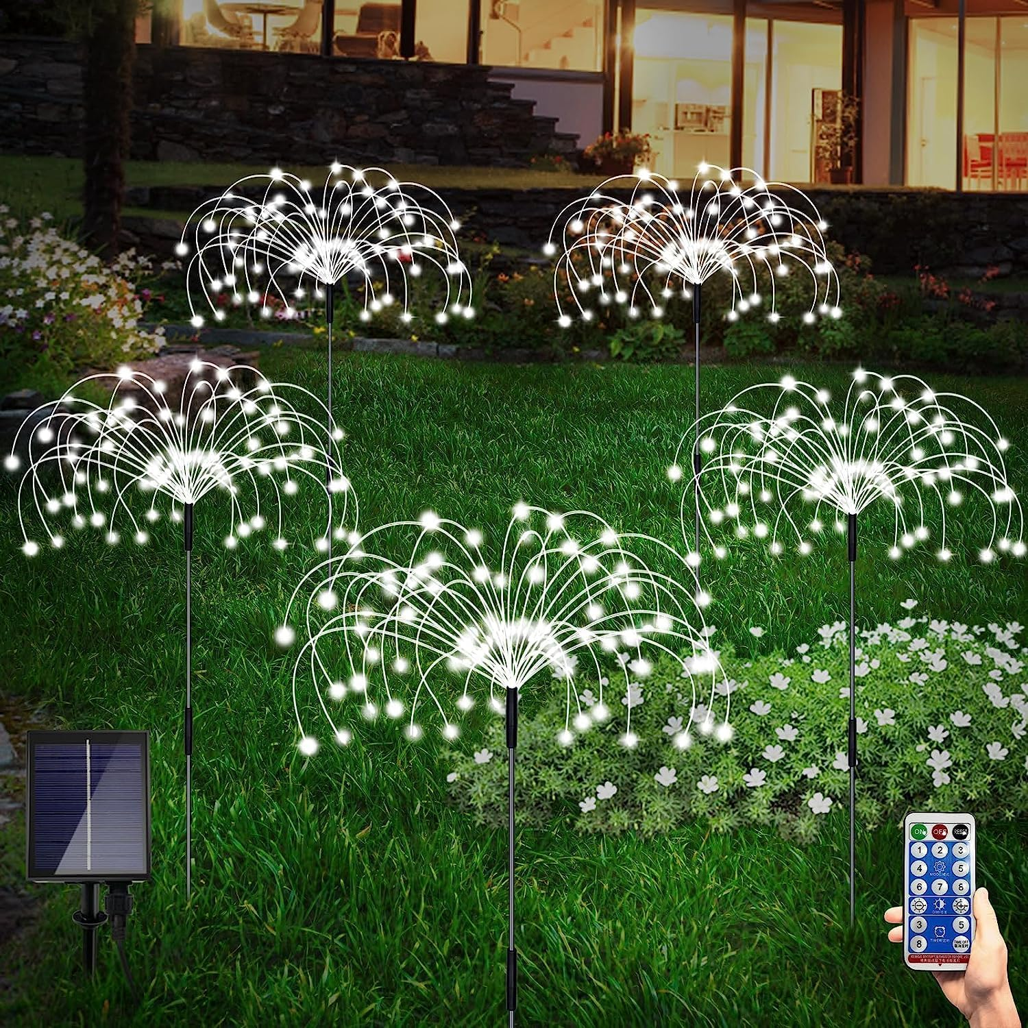 QOCNAM Solar Garden Lights, 5Pack 120LED Valentine’S Day Gift, Waterproof Fireworks Solar Fairy Lights with Timer,8 Modes Decorative Landscape Outdoor Solar Light for Garden Pathway Lawn Decor (White)