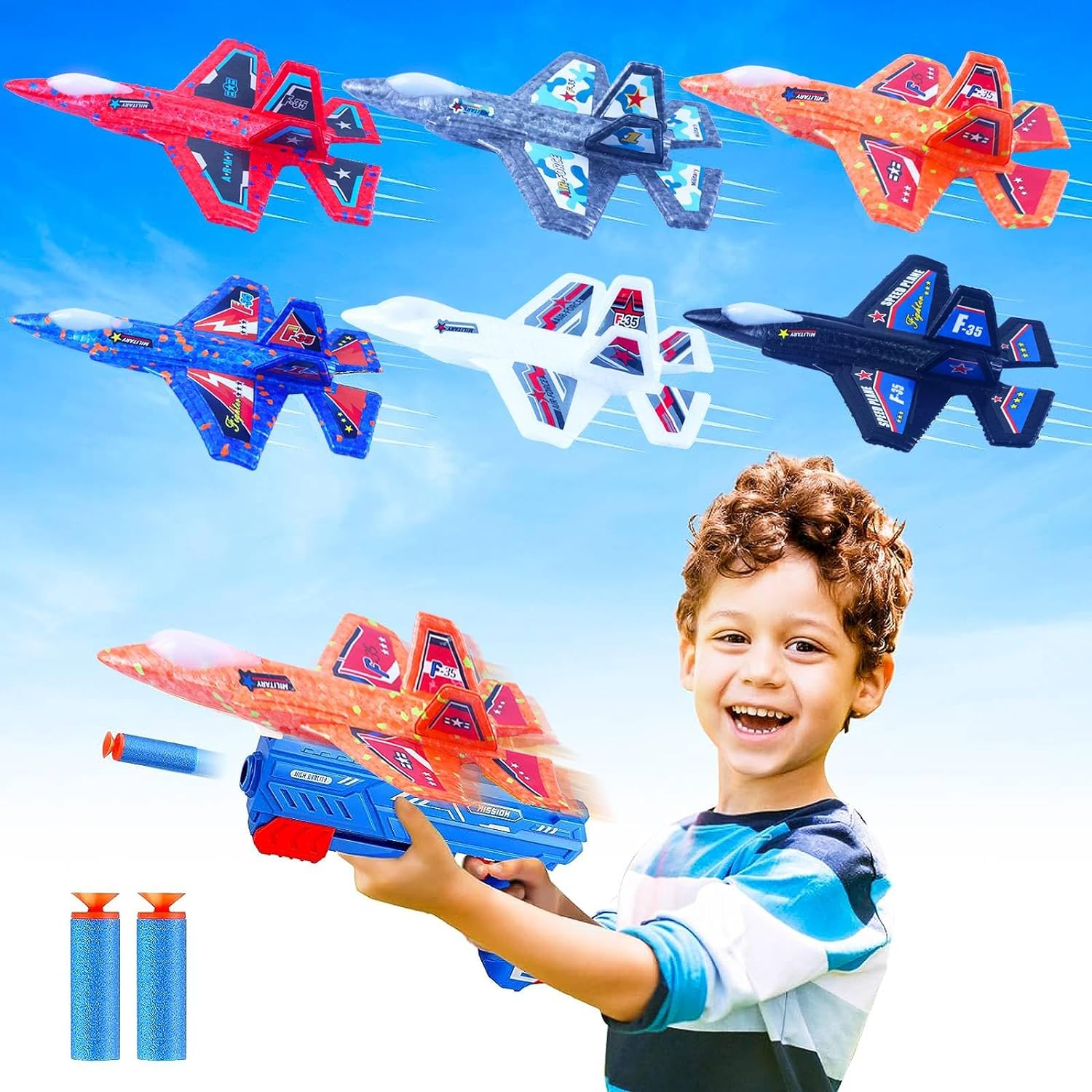 Airplane Launcher Toy, Foam Throwing Glider Plane with Catapult Gun, 2 Flight Modes, Outdoor Sports Flying Gadget 3 4 5 6 7 8 9 10 11 12 Years Old Boys Girls Xmas Birthday Gifts (6 Pack Airplane)