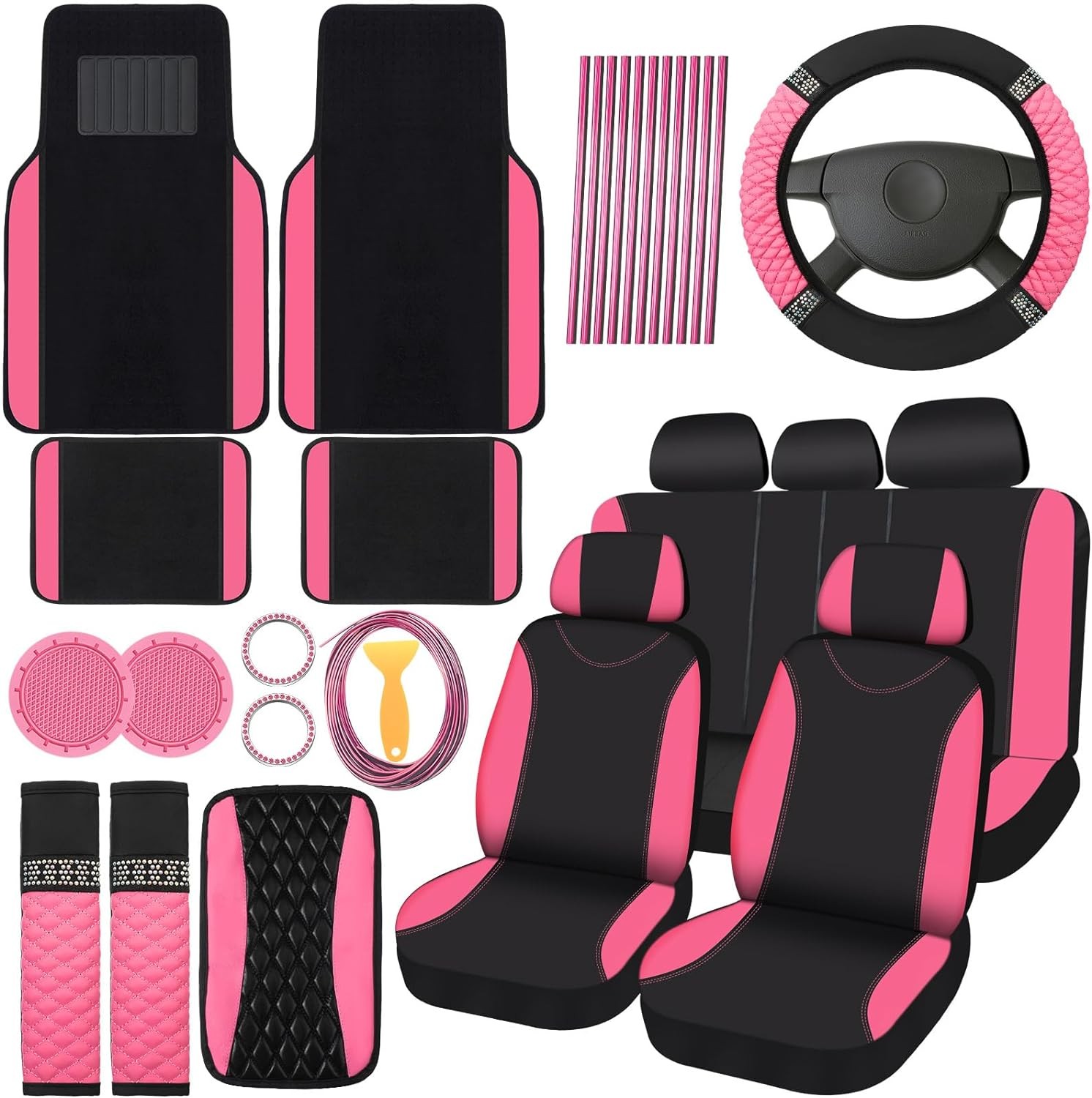 43 Pcs Bling Car Accessories Set for Women Front Seats and Rear Bench Polyester Car Seat Protectors Steering Wheel Cover Seat Car Floor Mats Full Crystal Automotive Interior Decor (Pink and Black)