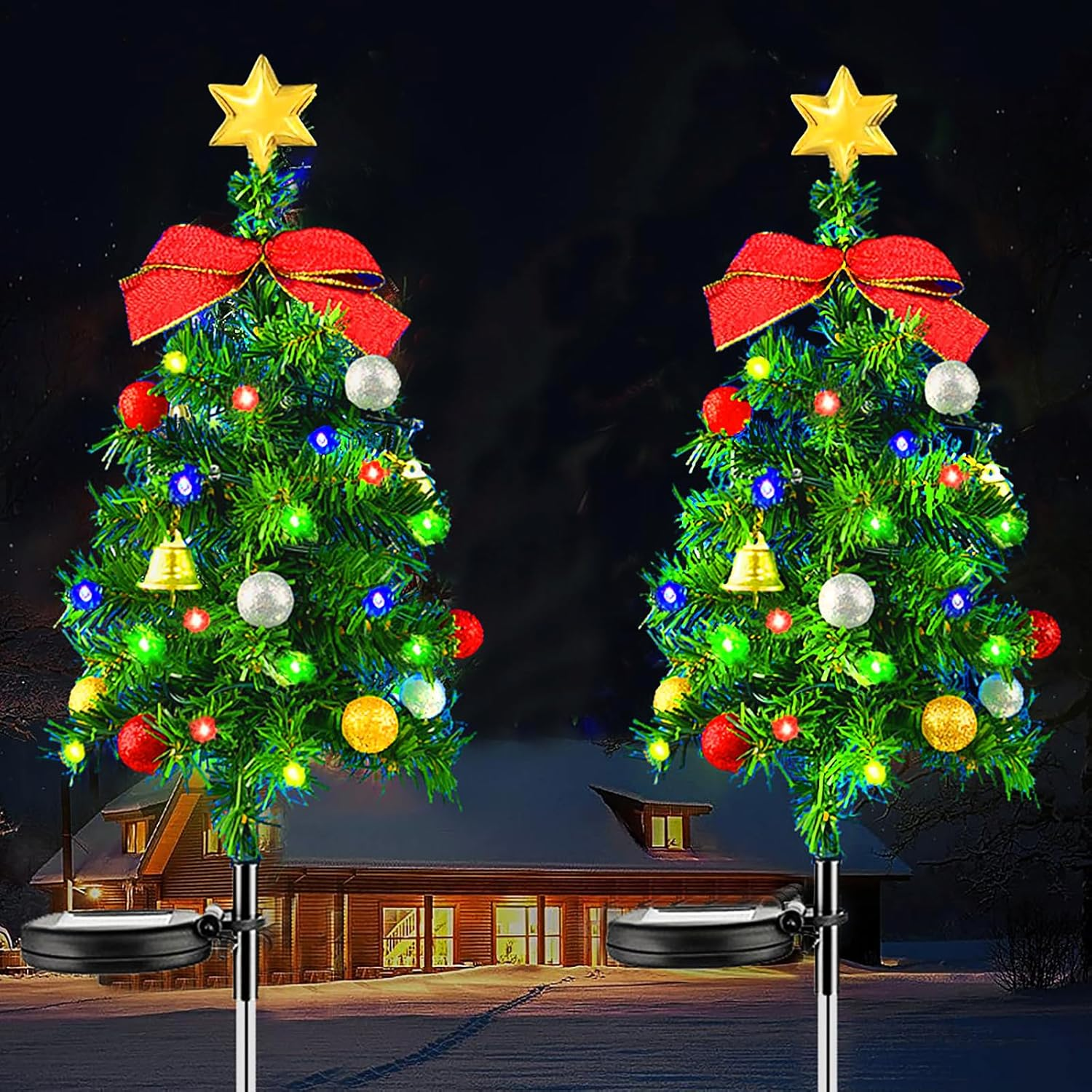 2PCS Solar Christmas Tree Light Outdoor Waterproof,26.7 Inch Solar Tree Lights with LED Four Color Decorated Prelit Gift Boxes & Ornaments for Pathway Patio Yard Garden Cemetery