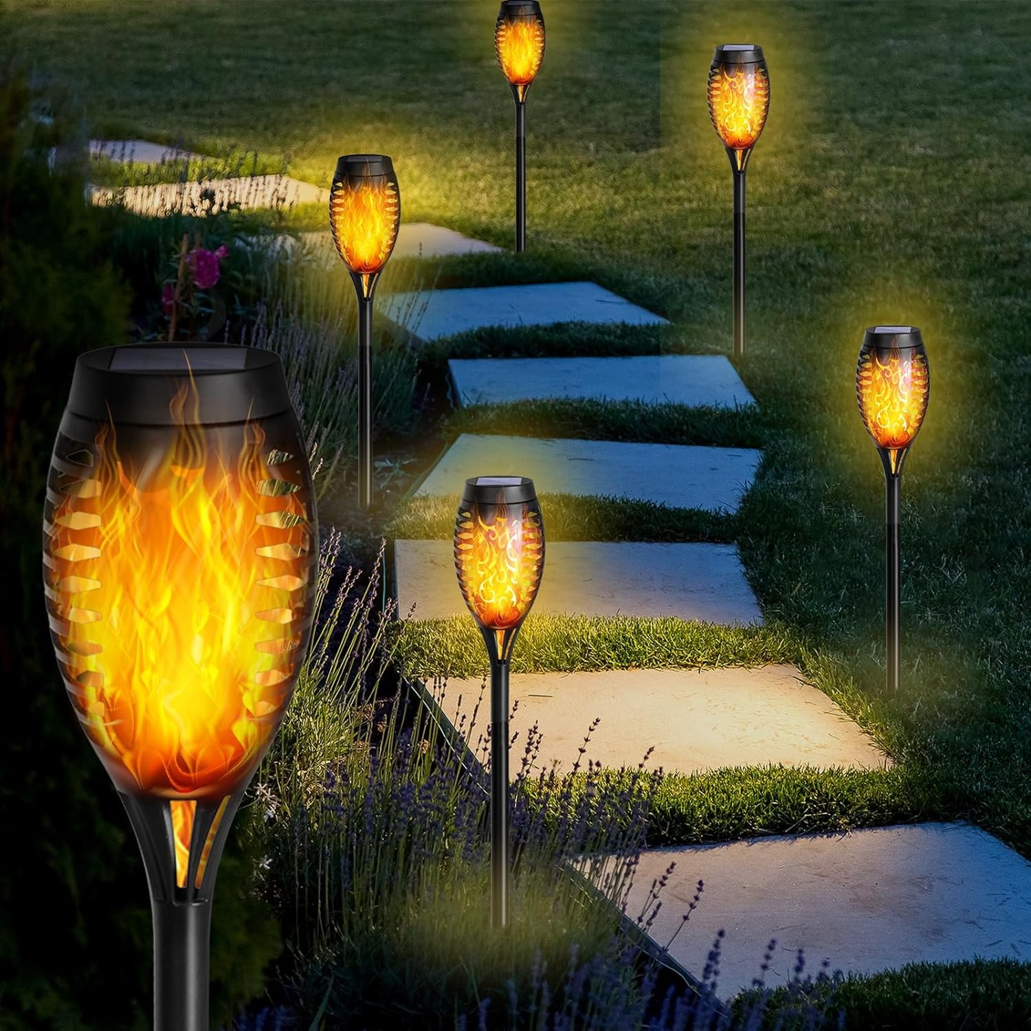 Advwin Solar Torch Lights, 6 Pack Solar Lights Outdoor with Flickering Flame, Waterproof Solar Landscape Lights for outside Patio Pathway Yard Porch Garden Decorations