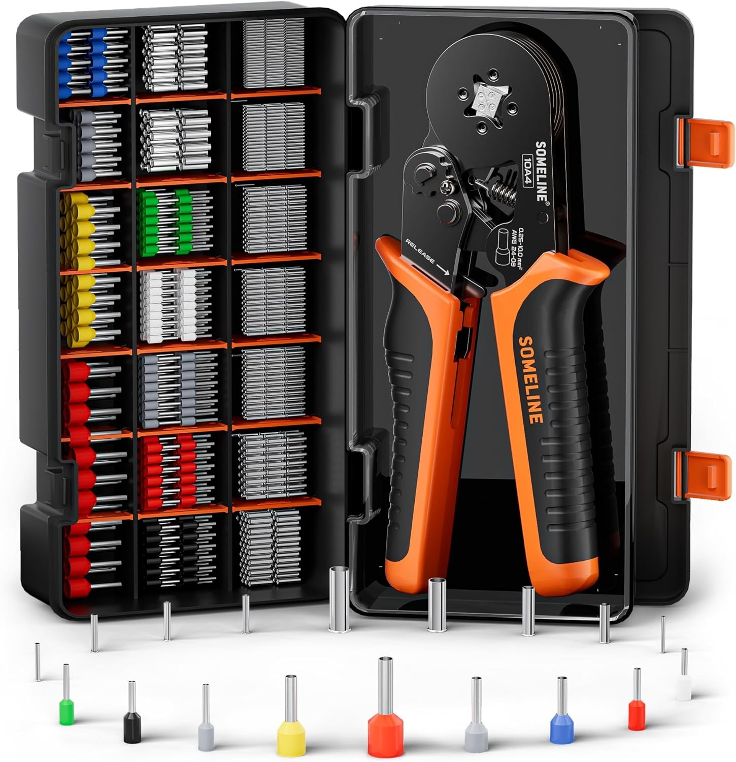 SOMELINE® Ferrule Crimping Tool Kit, Self-Adjusting Pliers for Wire Ferrules AWG 24-8, with 18 Sizes Insulated and Non-Insulated Wire Ferrules Terminals, Square Crimp Connector Assortment Kit