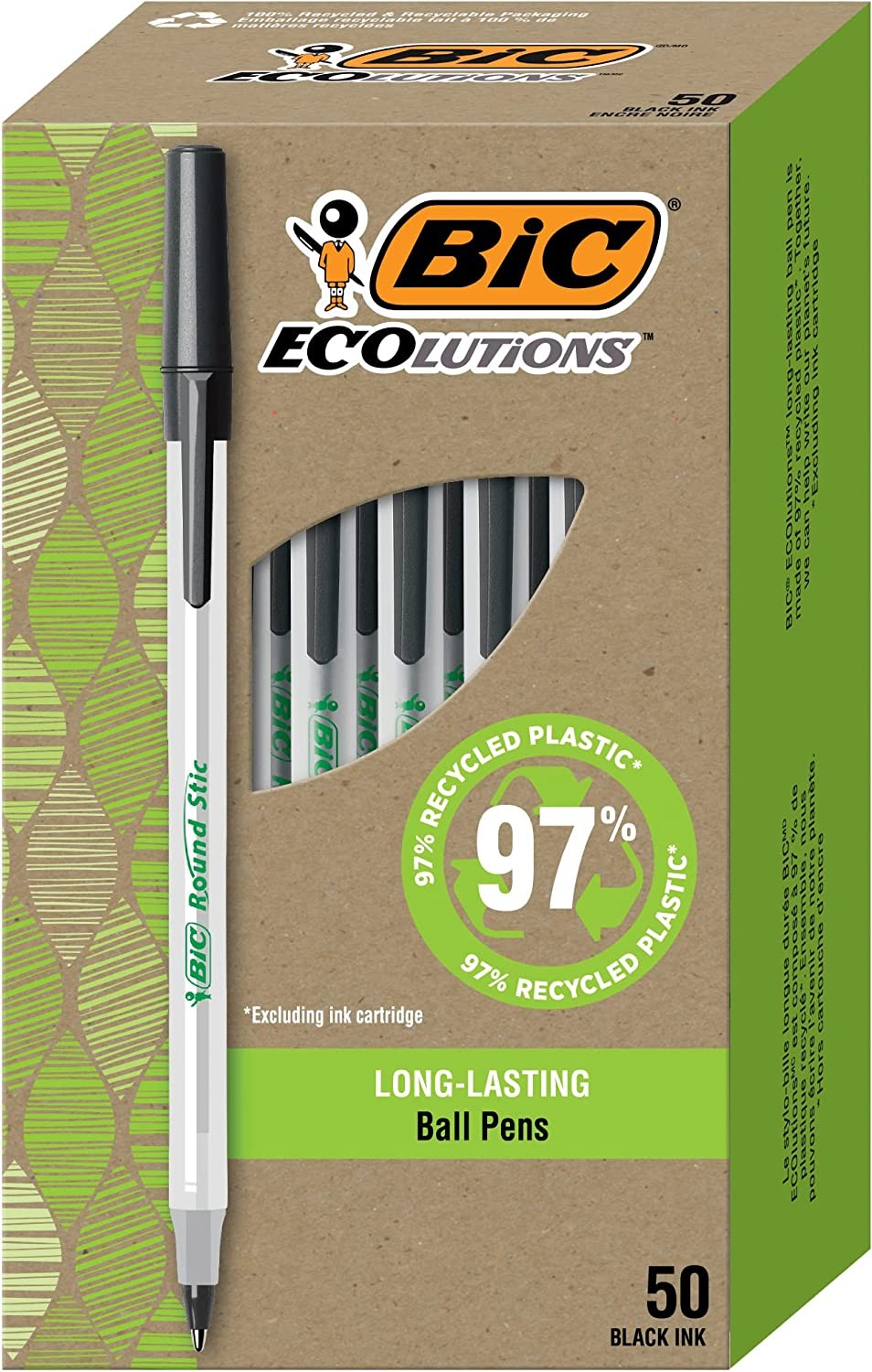 BIC Ecolutions round Stic Medium Ballpoint Pen (1.0Mm) 50-Count Box, Black (GSME509-BLK)