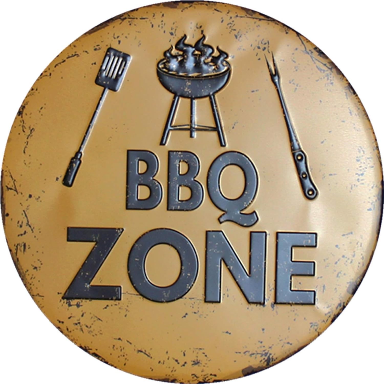 Metal Tin Sign BBQ Zone round Suitable for Home and Kitchen Bar Cafe Garage Wall Decor Retro Vintage Diameter 30Cm