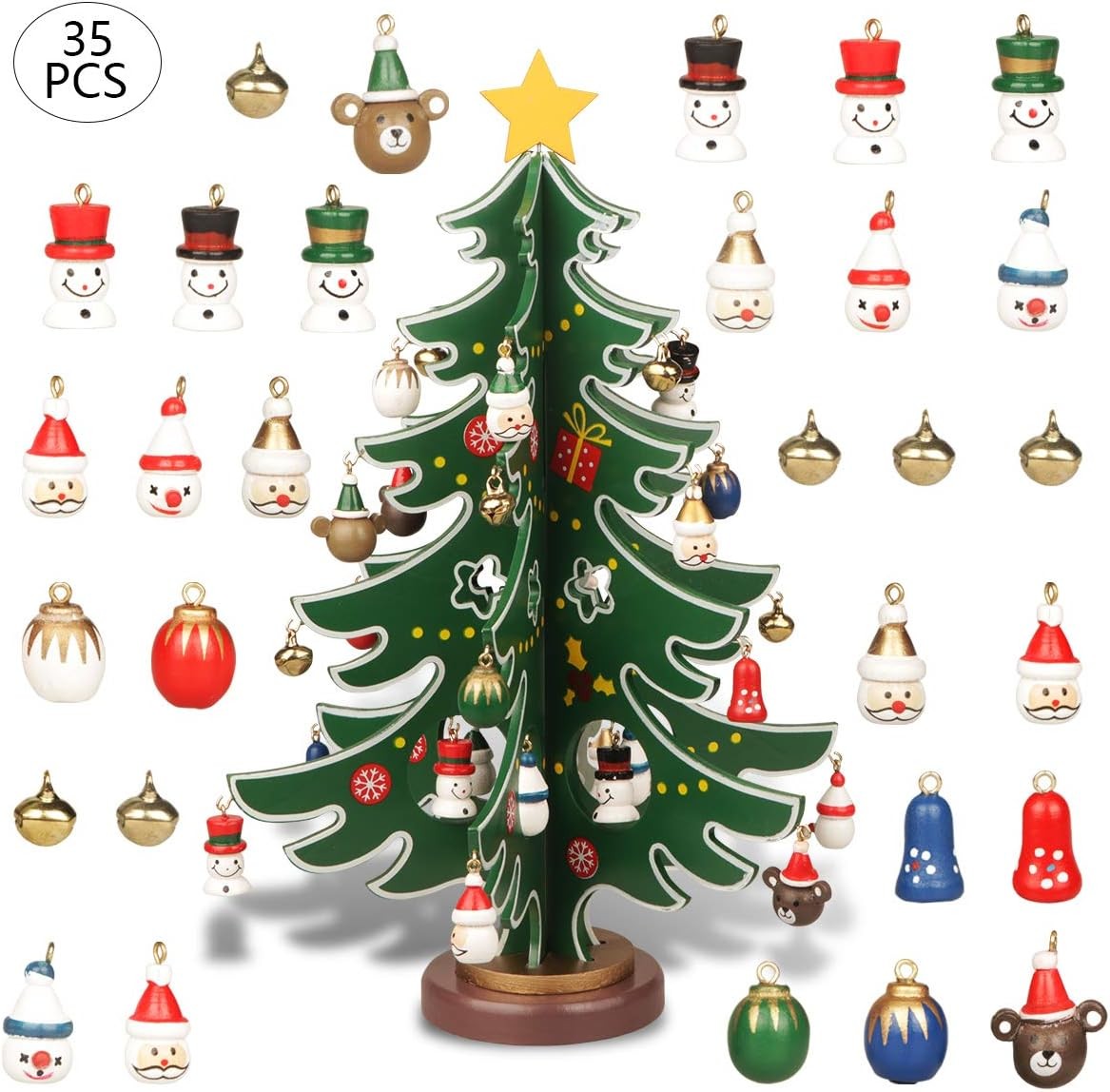 Yiya Mini Wooden Tabletop Christmas Tree Christmas Toy Set with 30 Mini Christmas Ornaments and 1 Star Treetop for Christmas Decoration Tabletop Decors