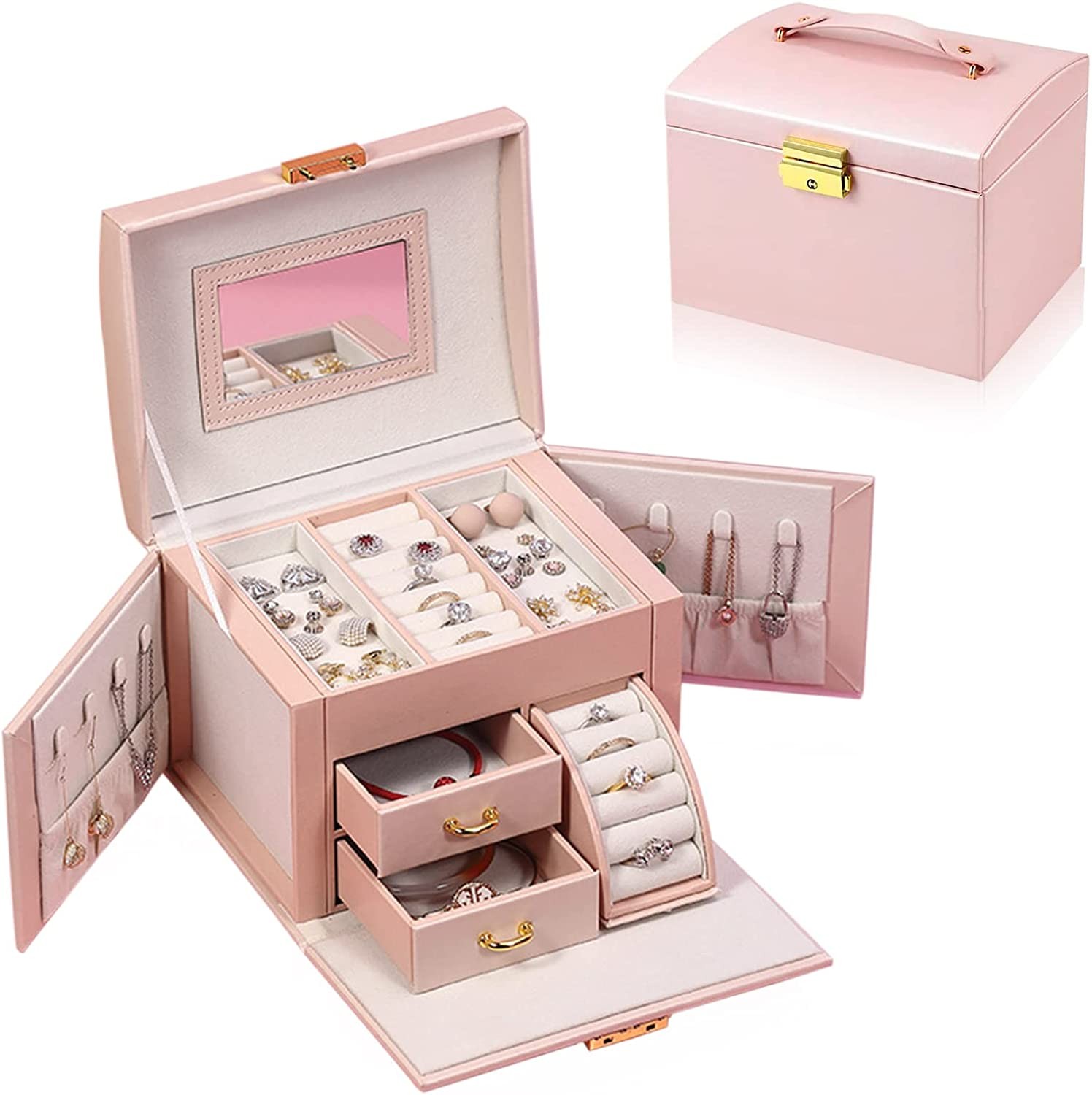 Jewelry Organizer Box Large-Capacity Storage 3 Layer with Mirror and Lockable for Her Earrings Rings Bracelet Necklaces Girl and Woman Anniversary Mother’S Day Valentines Gifts, TOJUNE (Pink)