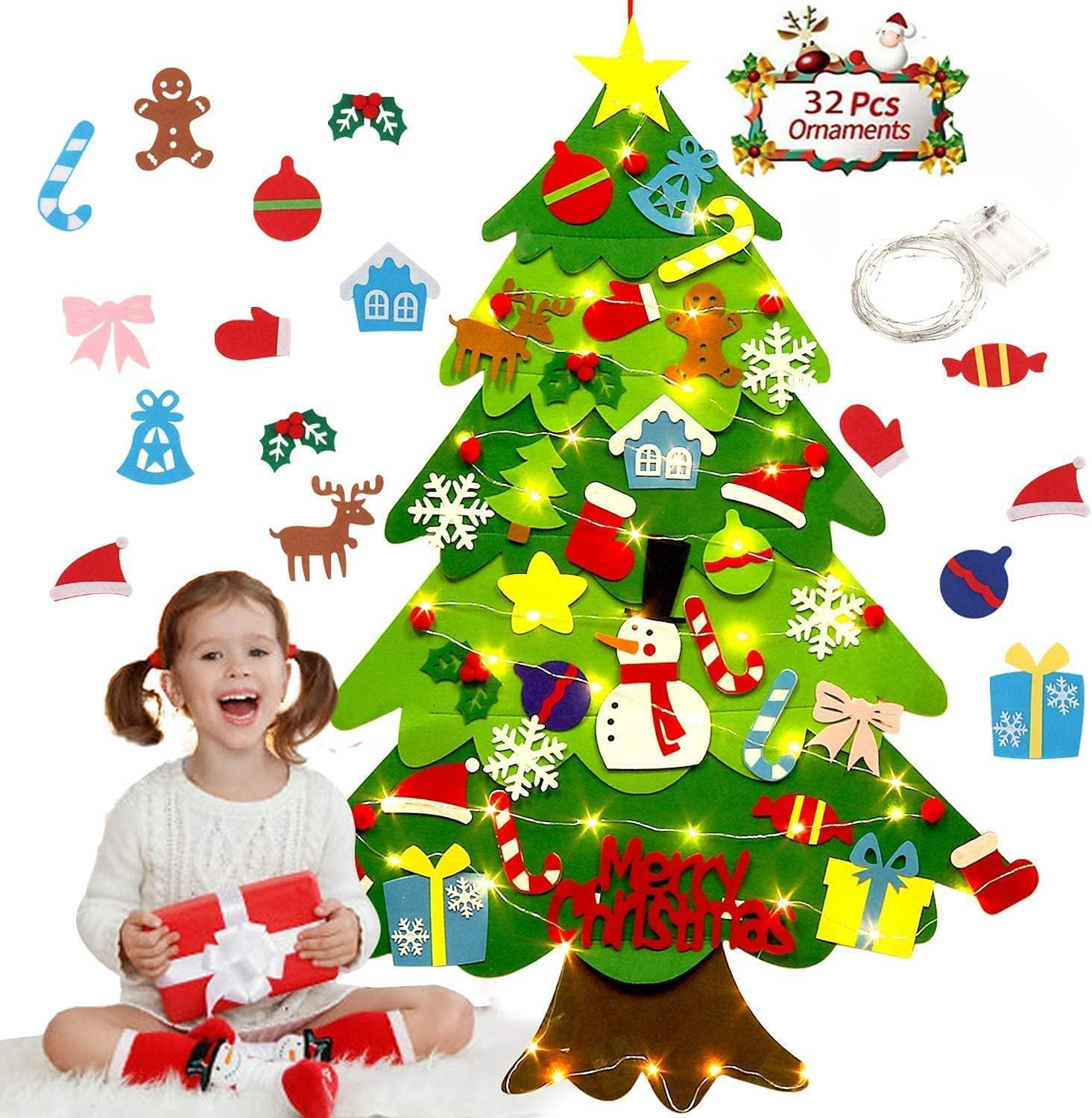 DIY Felt Christmas Tree with 32Pcs Ornaments 4Ft Family 3D Fake Xmas Tree with 20 LED Lights for Kids Toddlers Home Door Window Wall Christmas (Merry Christmas)