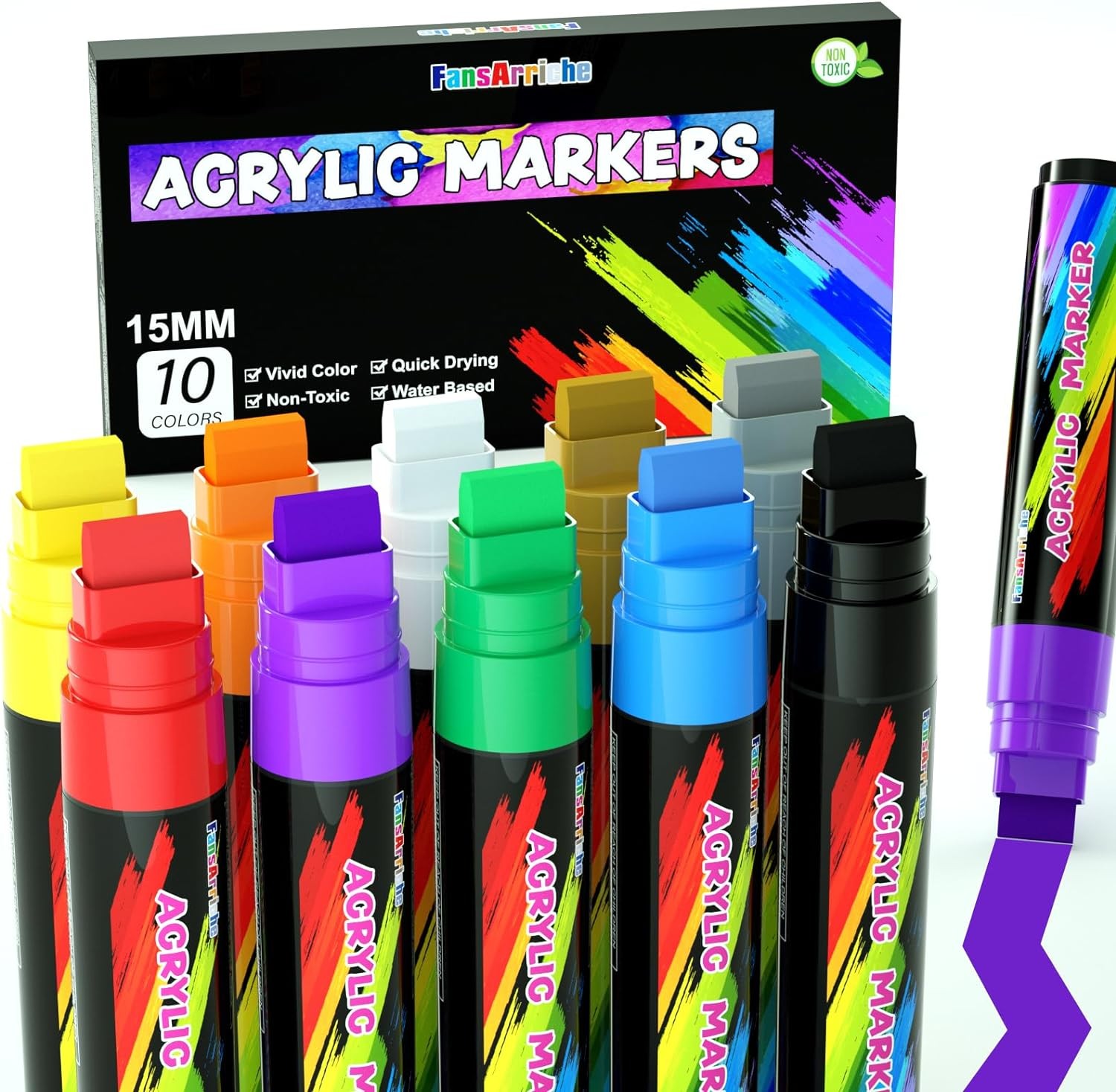 Fansarriche Acrylic Paint Markers, 15Mm Jumbo Felt Tip, 10 Colored Waterproof and Permanent Paint Pens for Tagging, Signs, Calligraphy, and Outdoor Paintings