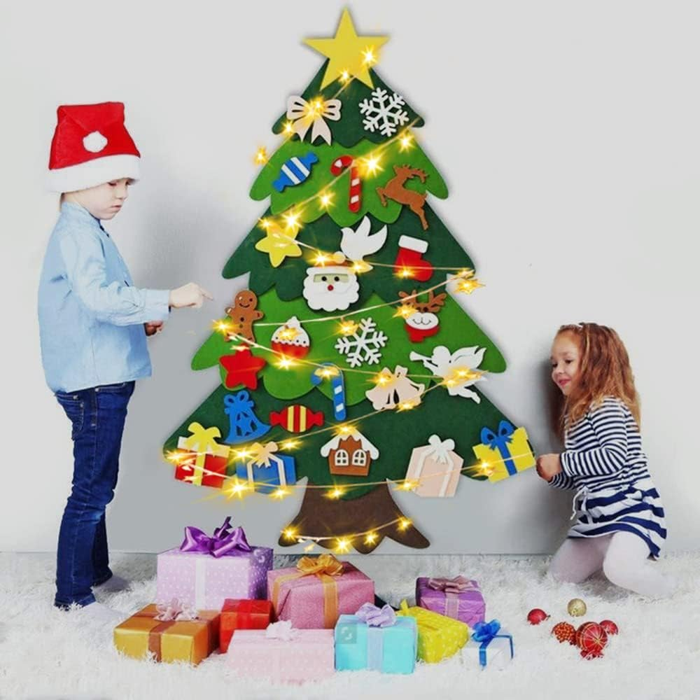 DIY Felt Christmas Tree with 32Pcs Ornaments 3.2FT Family 3D Fake Xmas Tree with 20 LED Lights for Kids Toddlers Home Door Window Wall (Angel)