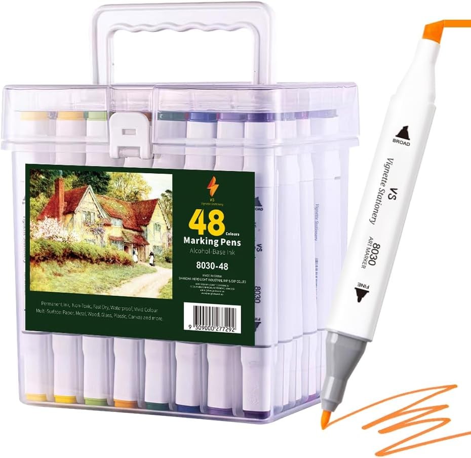 Colour Markers Dual Nibs Alcohol Base Coloring Coding Assorted Colours with a Bucket School Art (48)