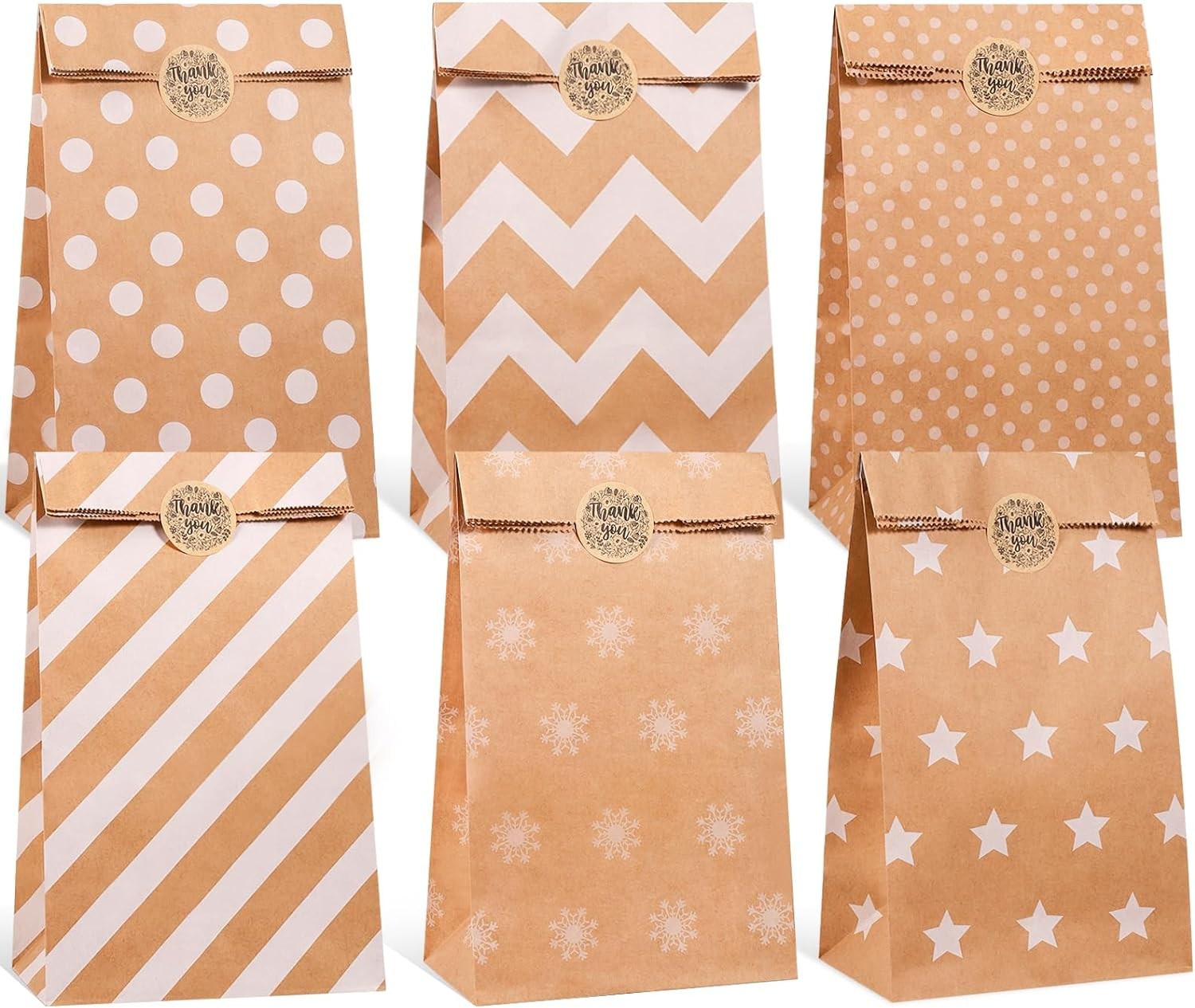 JOLLYFUN 24PCS Kraft Paper Party Gift Bags with Stickers, 6 Patterns Goodies Bags Loot Bags Paper Gift Bags Small Party Favors Bags for Kids Birthday, Wedding, Baby Shower, Crafts and Party Supplies