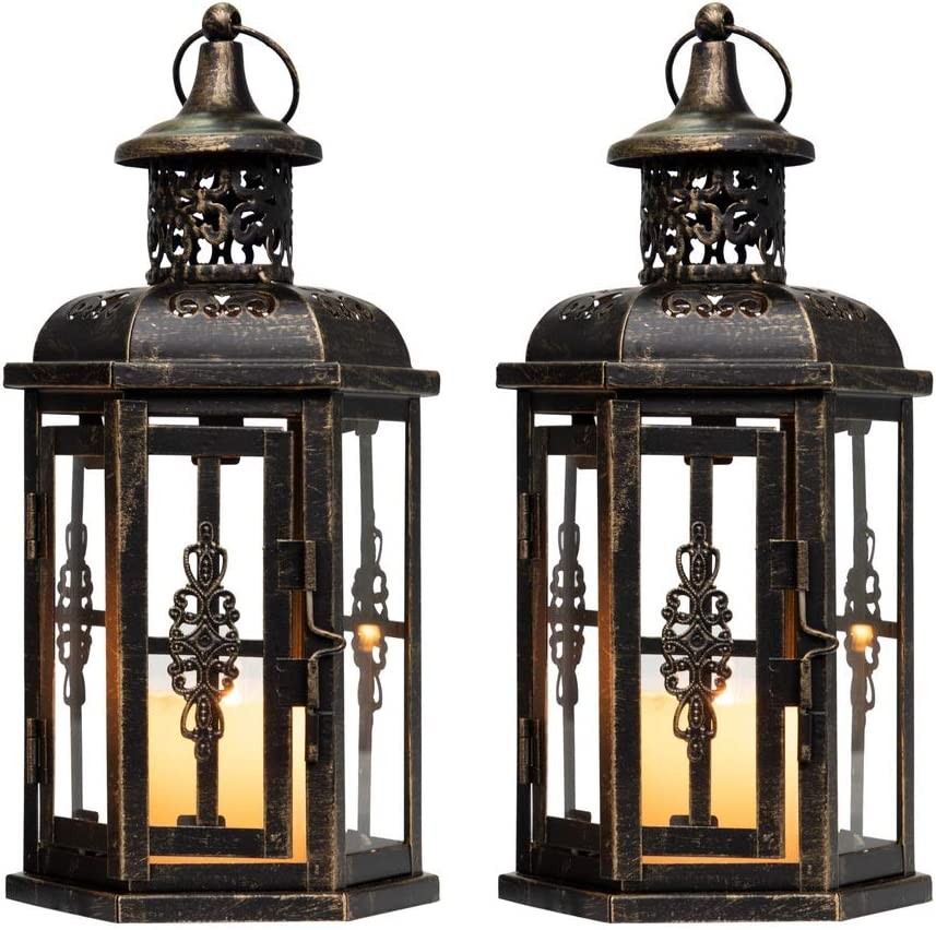 JHY DESIGN Set of 2 Decorative Lanterns -10 Inch High Vintage Style Hanging Lantern Metal Candleholder Black with Gold Brush