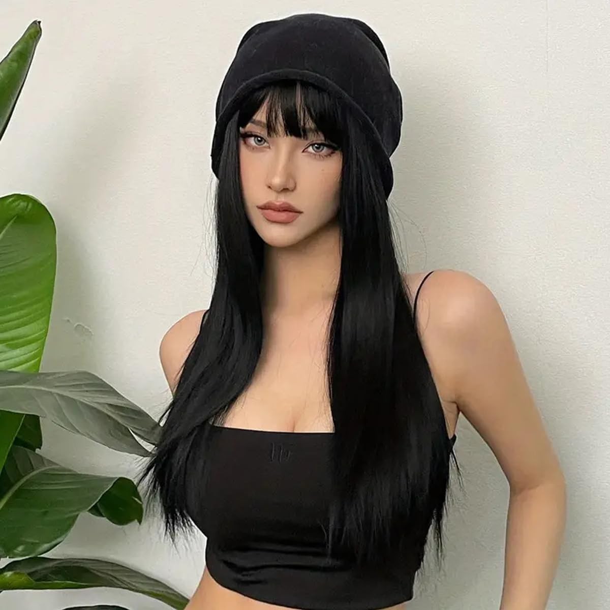 Black Long Layered Wig with Bangs,Straight Hair Wigs for Women,Synthetic Heat Resistant Natural Looking Hair Wig for Party Cosplay Dality Use