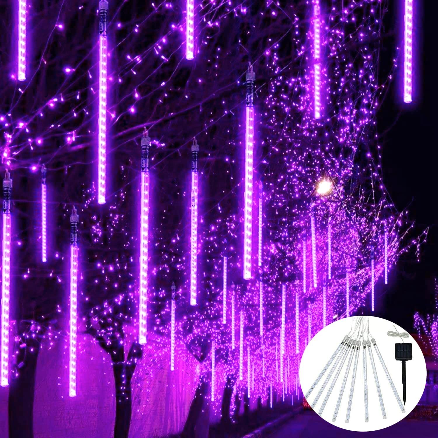 JMEXSUSS Solar Meteor Shower Rain Lights, 30Cm 8 Tube 144 Leds Purple Meteor Lights, Led Falling Rain Fairy String Lights for Xmas Tree Wedding Holiday Party Patio Decoration