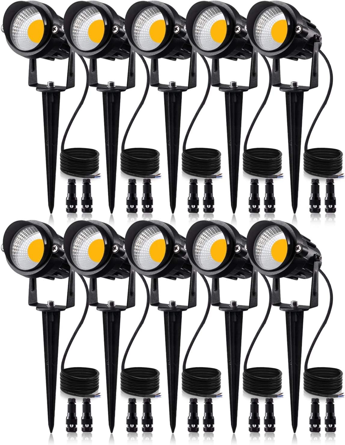 SUNVIE 12W Low Voltage LED Landscape Lights with Connectors, Outdoor 12V Super Warm White (900LM) Waterproof Garden Pathway Lights Wall Tree Flag Spotlights with Spike Stand (10 Pack with Connector)